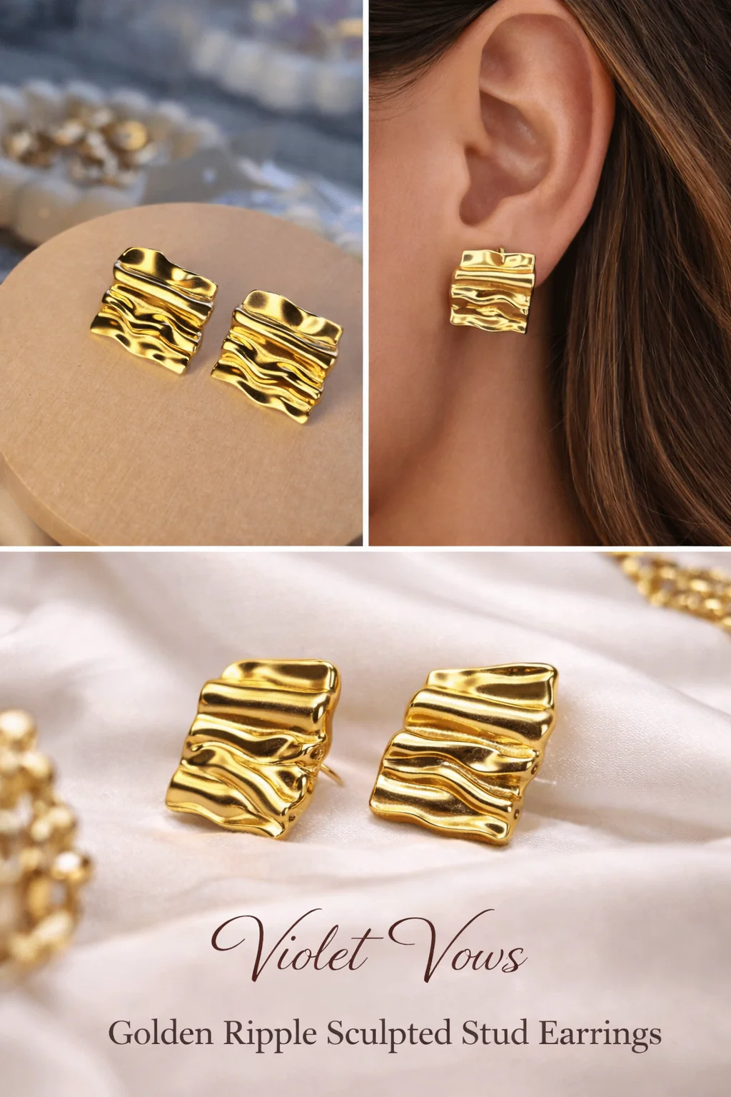 Golden Ripple Sculpted Stud Earrings - Image 3