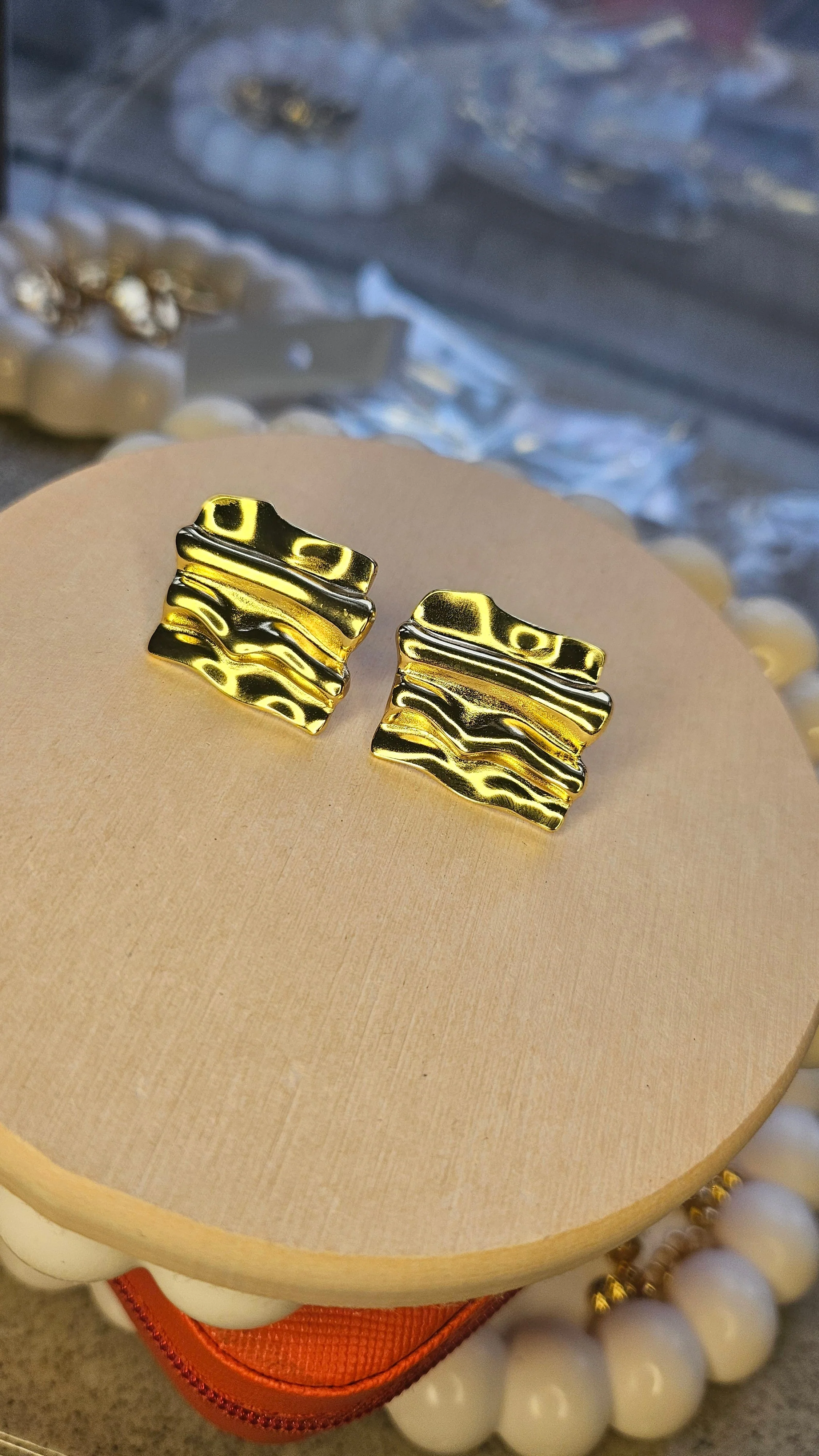 Golden Ripple Sculpted Stud Earrings - Image 6