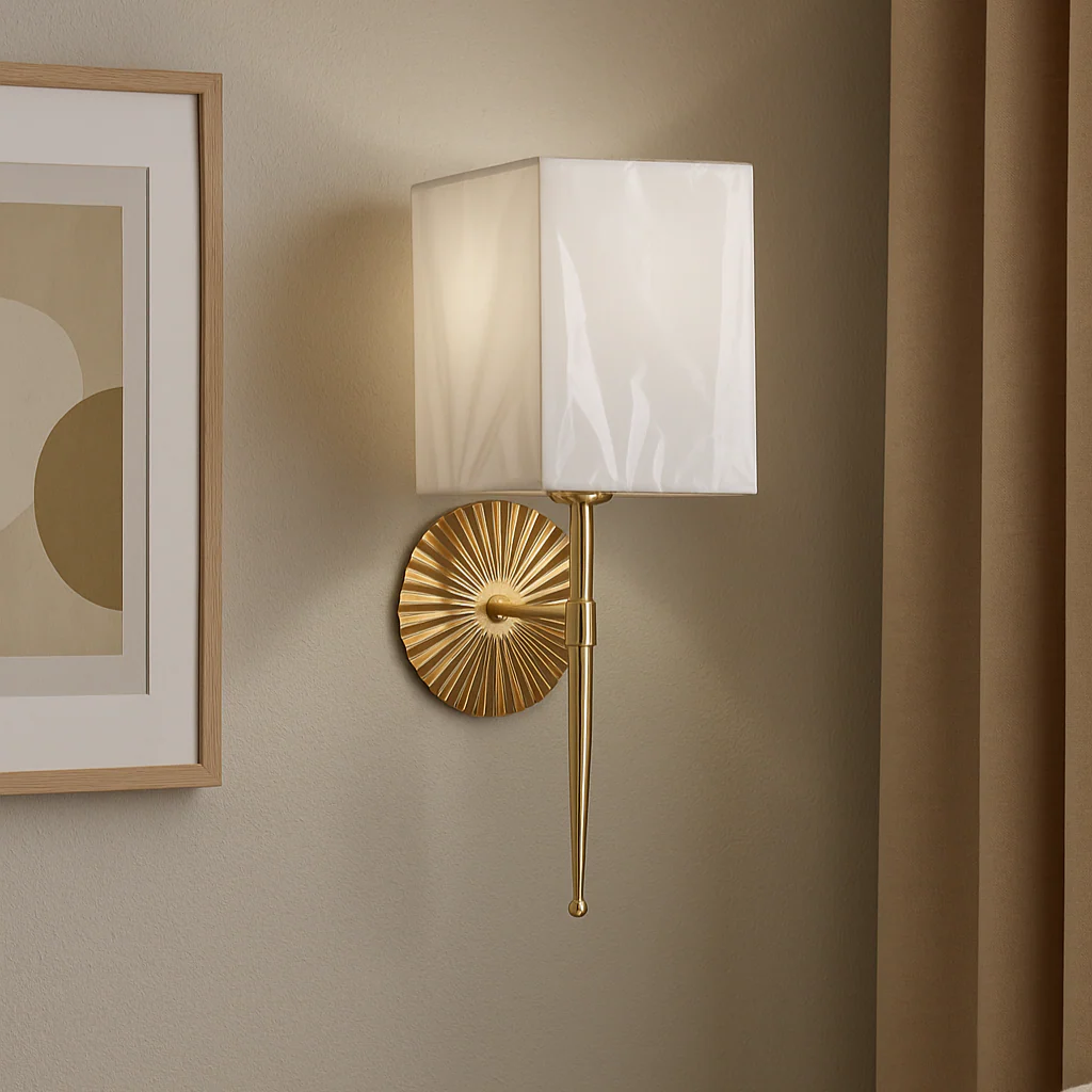 Golden Wall Light with White Fabric Shade - Image 4