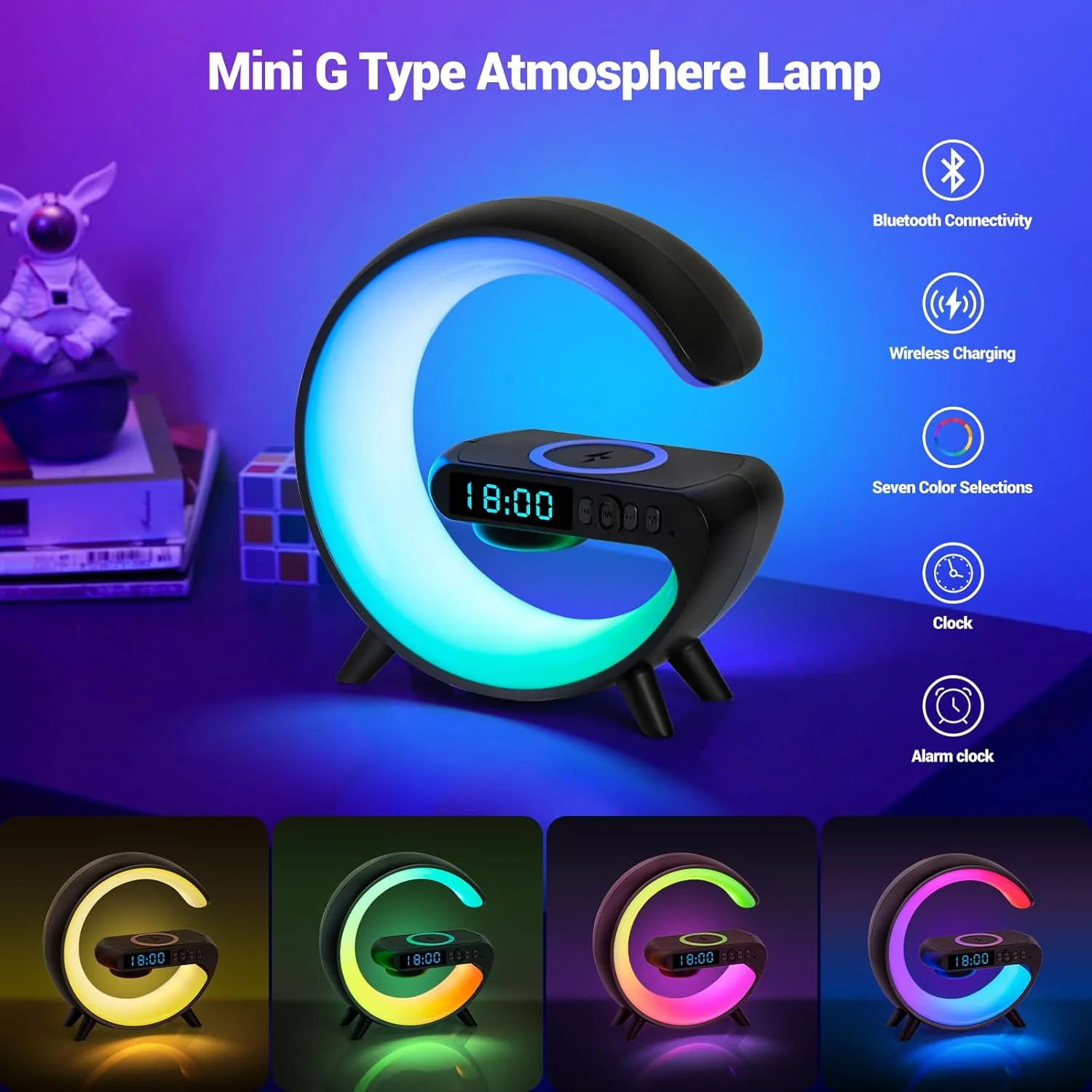 GoobleMini: G-Shaped RGB Atmosphere Lamp with 15W Wireless Charger, Bluetooth Speaker, Alarm Clock & Desk Light for Bedside & Room Décor - Image 2