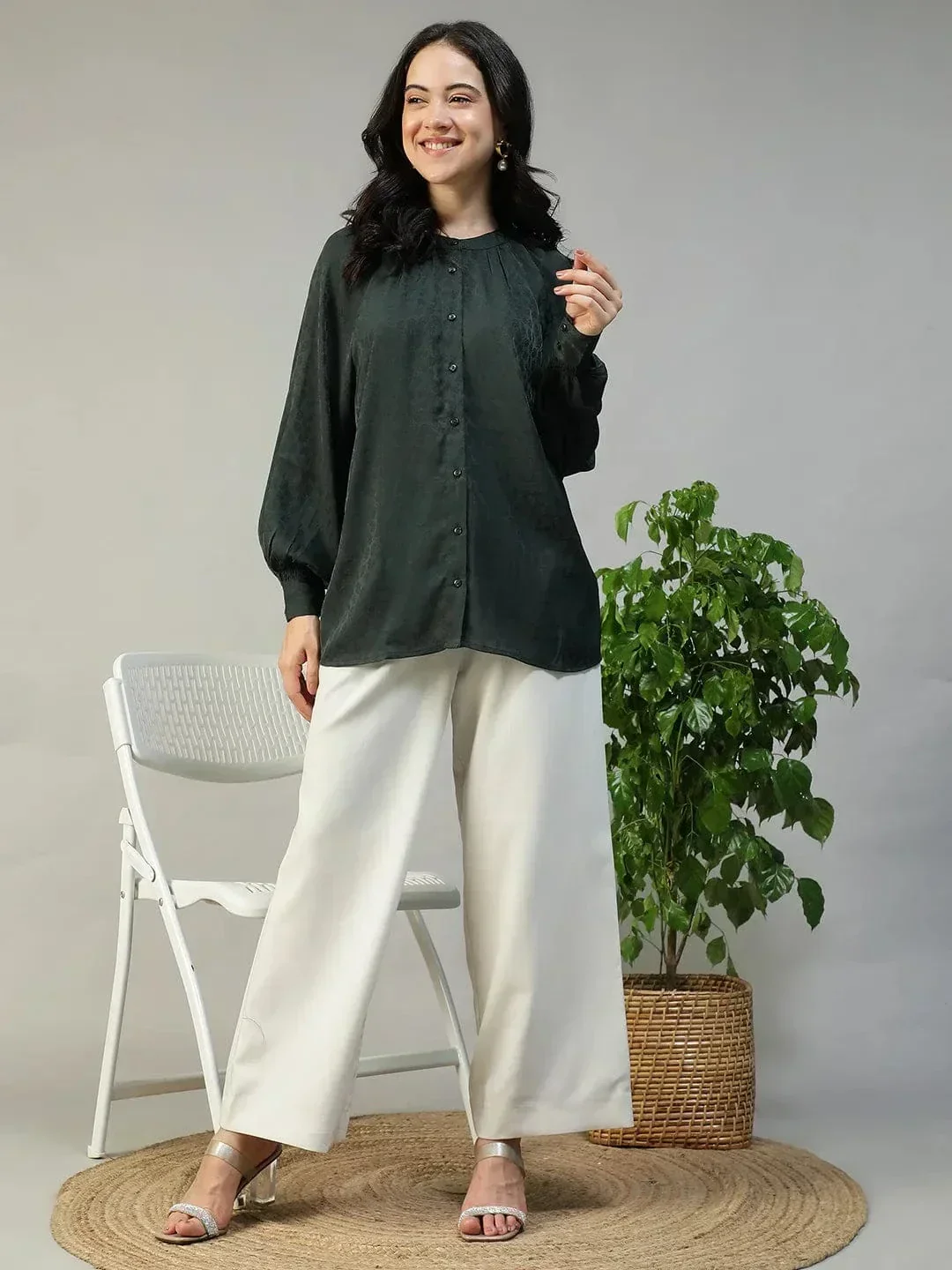 Green Button Down Top - Women's Casual Long Sleeve Blouse With Round Neck - Image 2