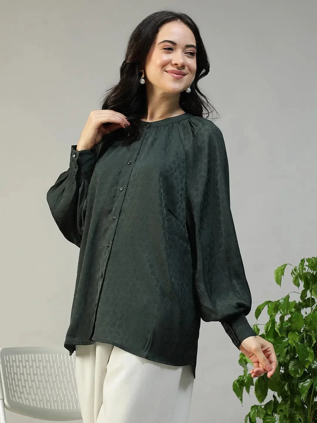 Green Button Down Top - Women's Casual Long Sleeve Blouse With Round Neck - Image 3