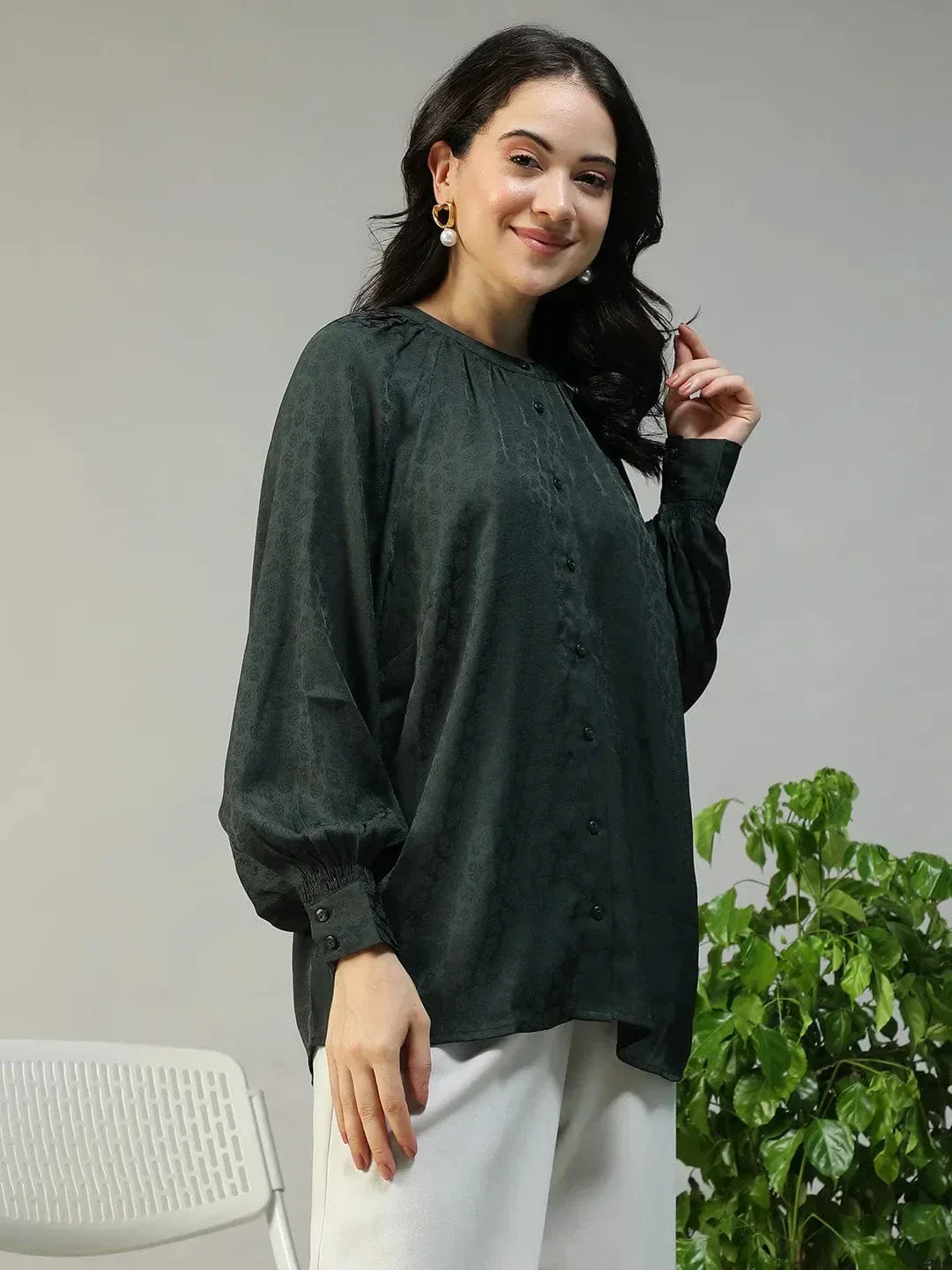 Green Button Down Top - Women's Casual Long Sleeve Blouse With Round Neck - Image 4