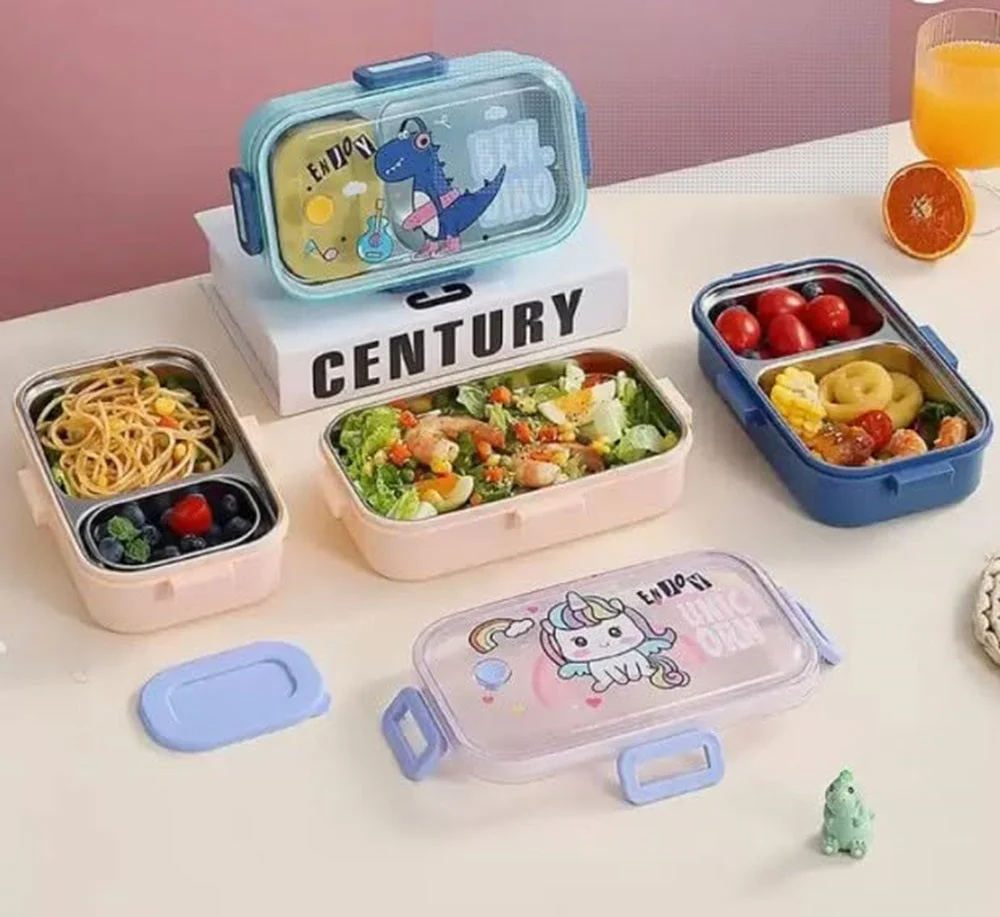 Green Dino Kids Stainless Steel Lunch Box | 700ml + 100ml Soup Bowl | Leak-Proof | 4-Lock Anti-Spill Design | Heat Insulation | Kids Tiffin Box for School & Travel - Image 4