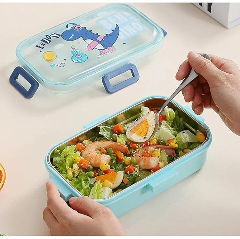 Green Dino Kids Stainless Steel Lunch Box | 700ml + 100ml Soup Bowl | Leak-Proof | 4-Lock Anti-Spill Design | Heat Insulation | Kids Tiffin Box for School & Travel - Image 5