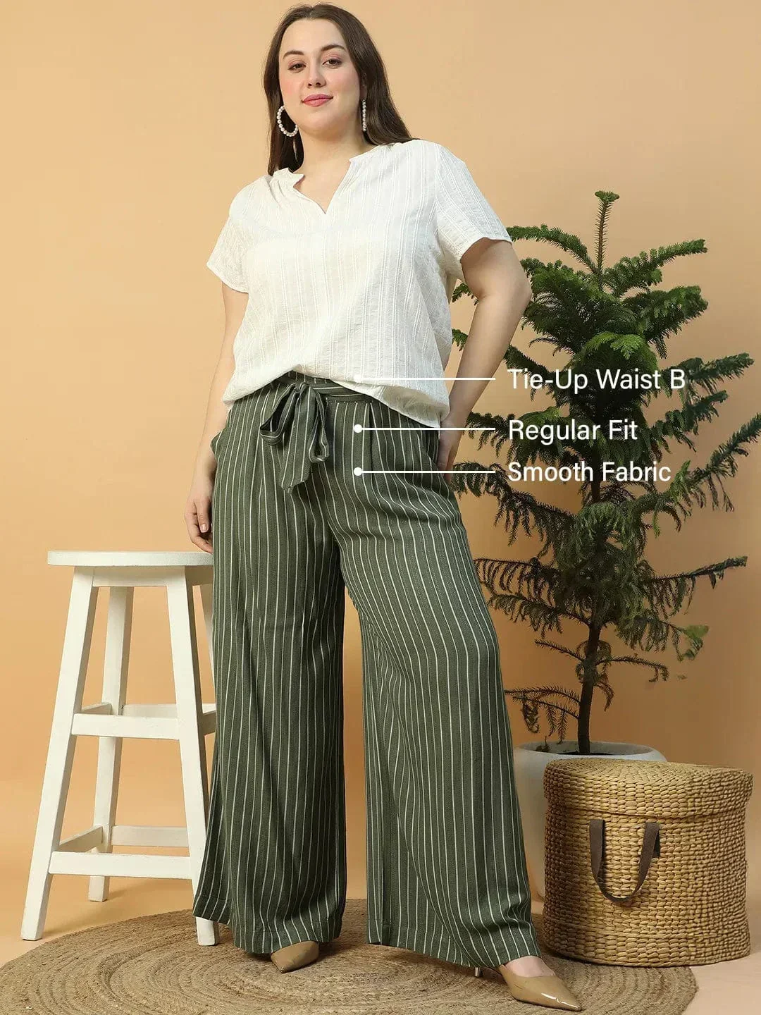 Green Elasticated With Tie-Up Waist Belt Stripe Print Straight Plus Size Women pant - Image 2
