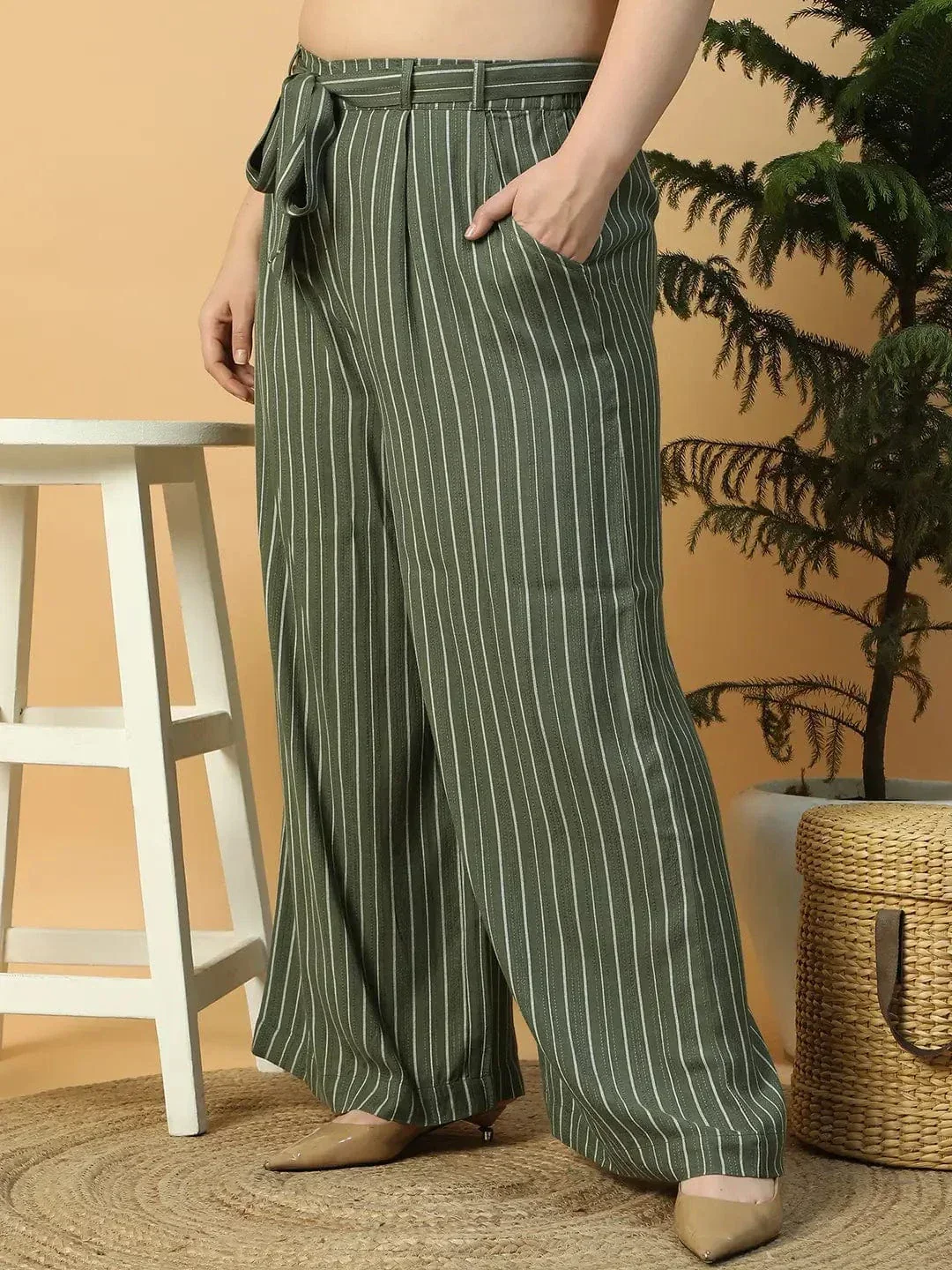 Green Elasticated With Tie-Up Waist Belt Stripe Print Straight Plus Size Women pant - Image 4