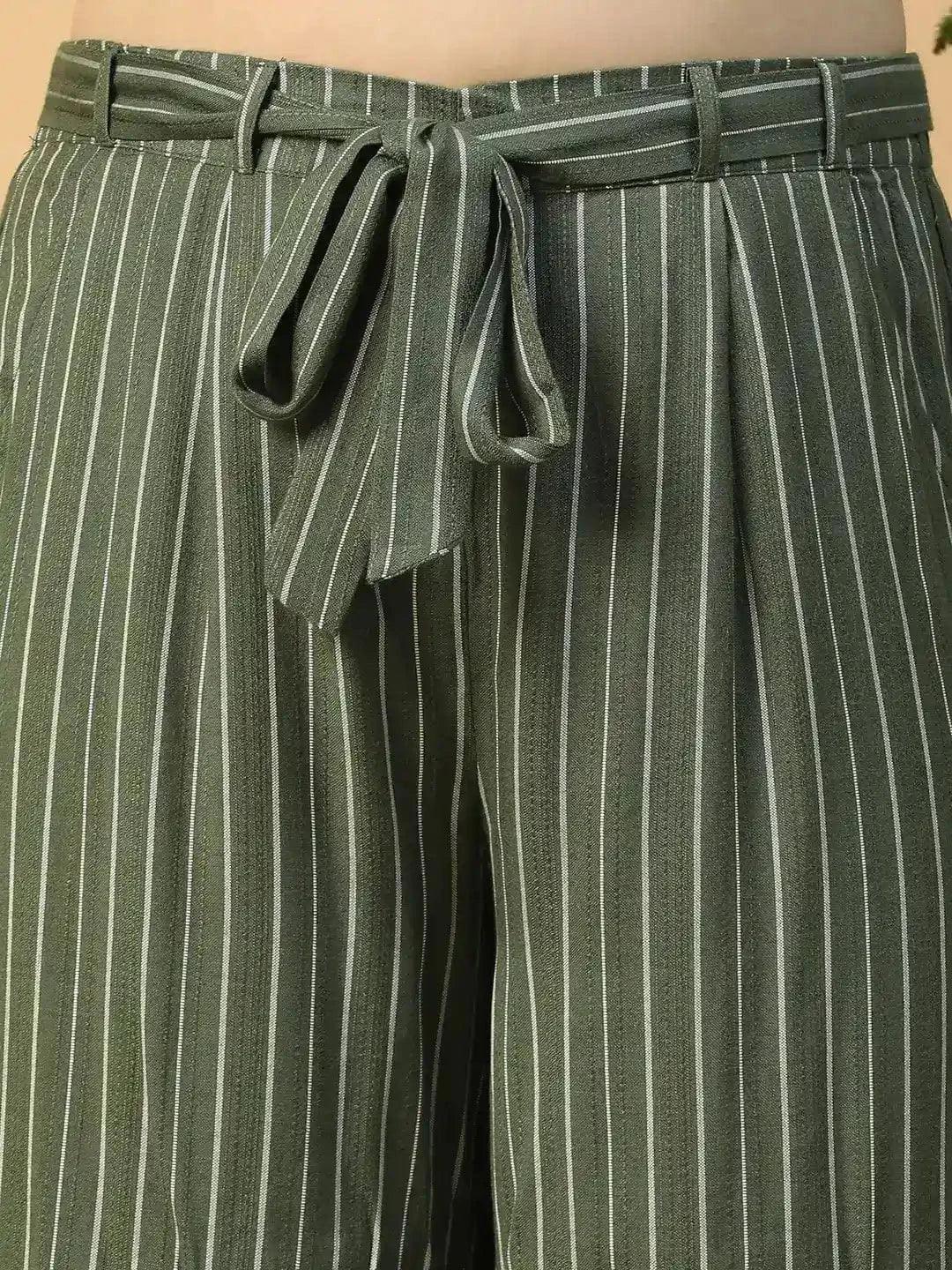 Green Elasticated With Tie-Up Waist Belt Stripe Print Straight Plus Size Women pant - Image 7