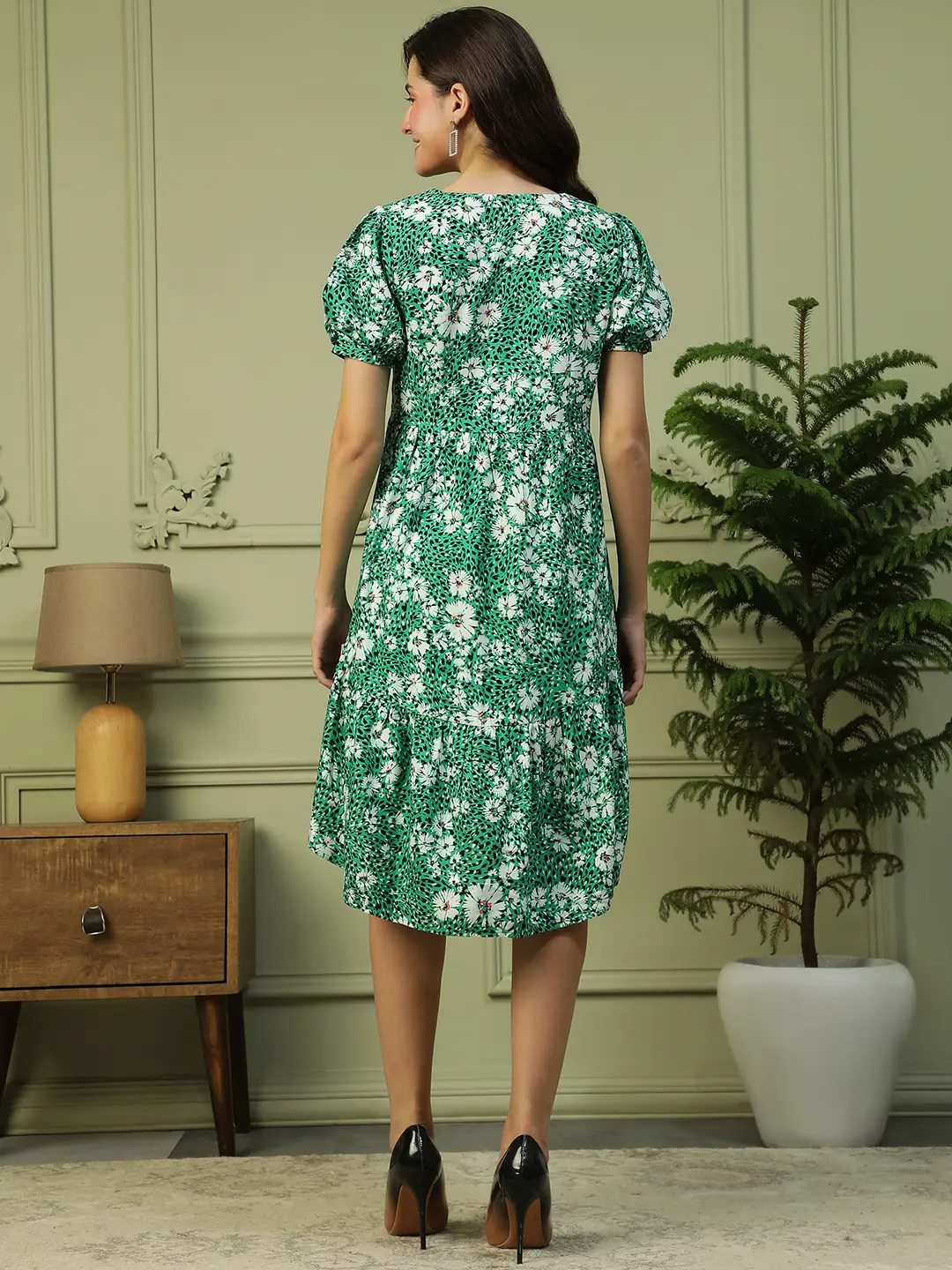 Green Floral Print High Low Cotton Short Sleeve Women Dress - Image 5