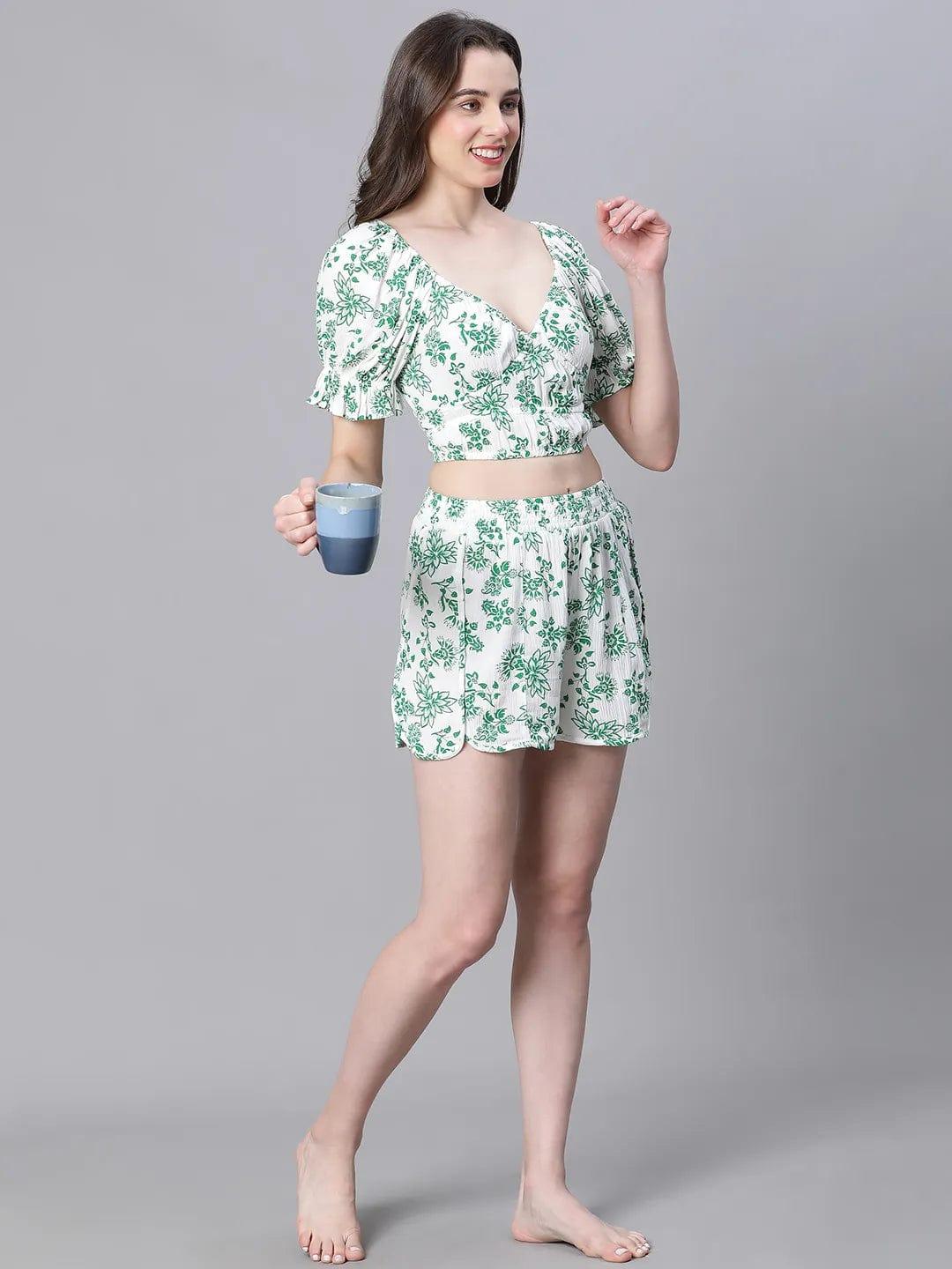 Green Floral Print V-Neck Elasticated Nightwear Crop Women Top - Image 7