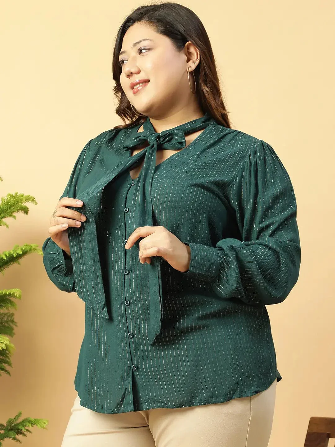 Green Lurex rayon solid V- Neck With Tie-knot Belt Long Sleeve Plus Size Women Top - Image 3