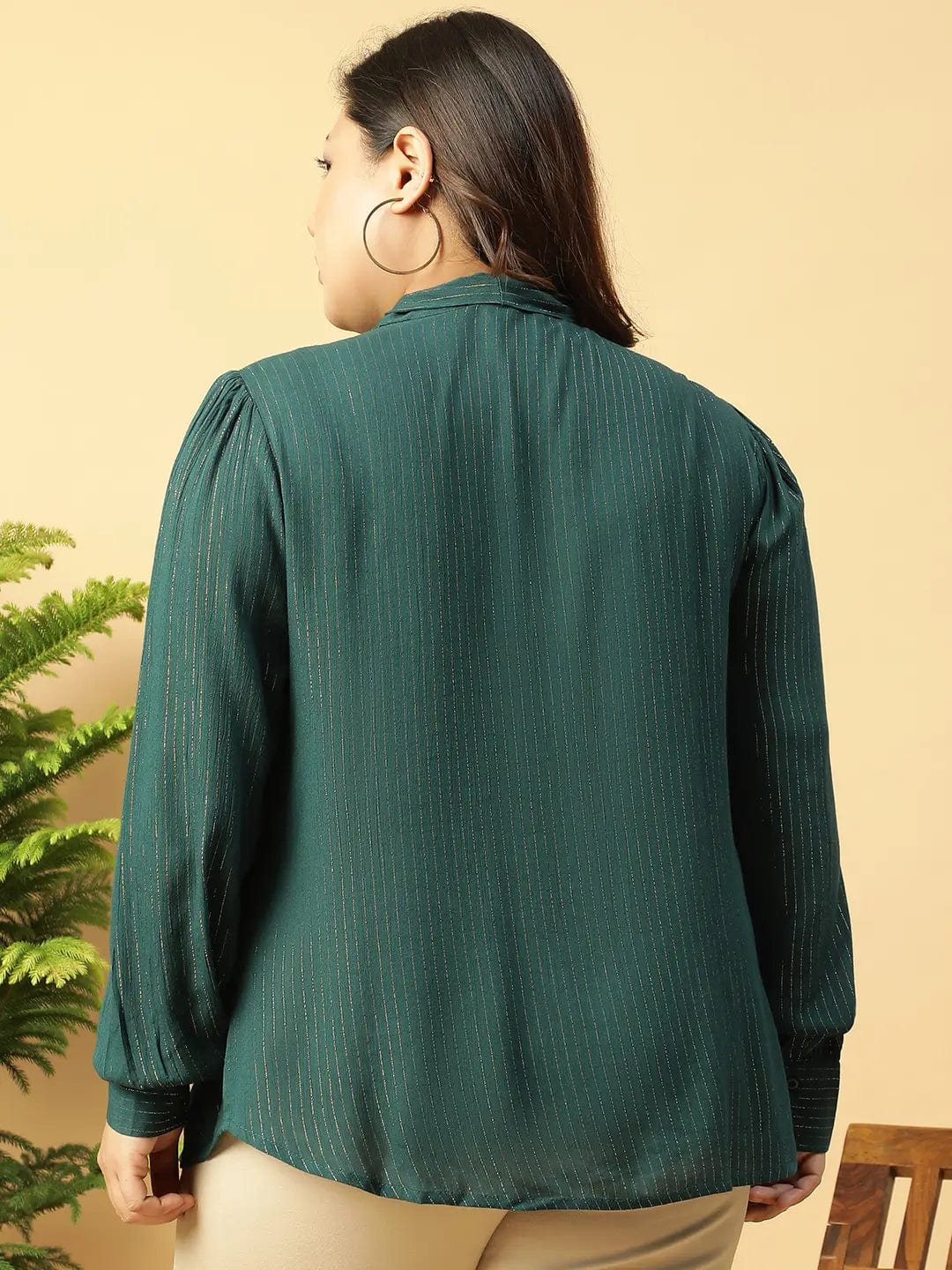 Green Lurex rayon solid V- Neck With Tie-knot Belt Long Sleeve Plus Size Women Top - Image 5