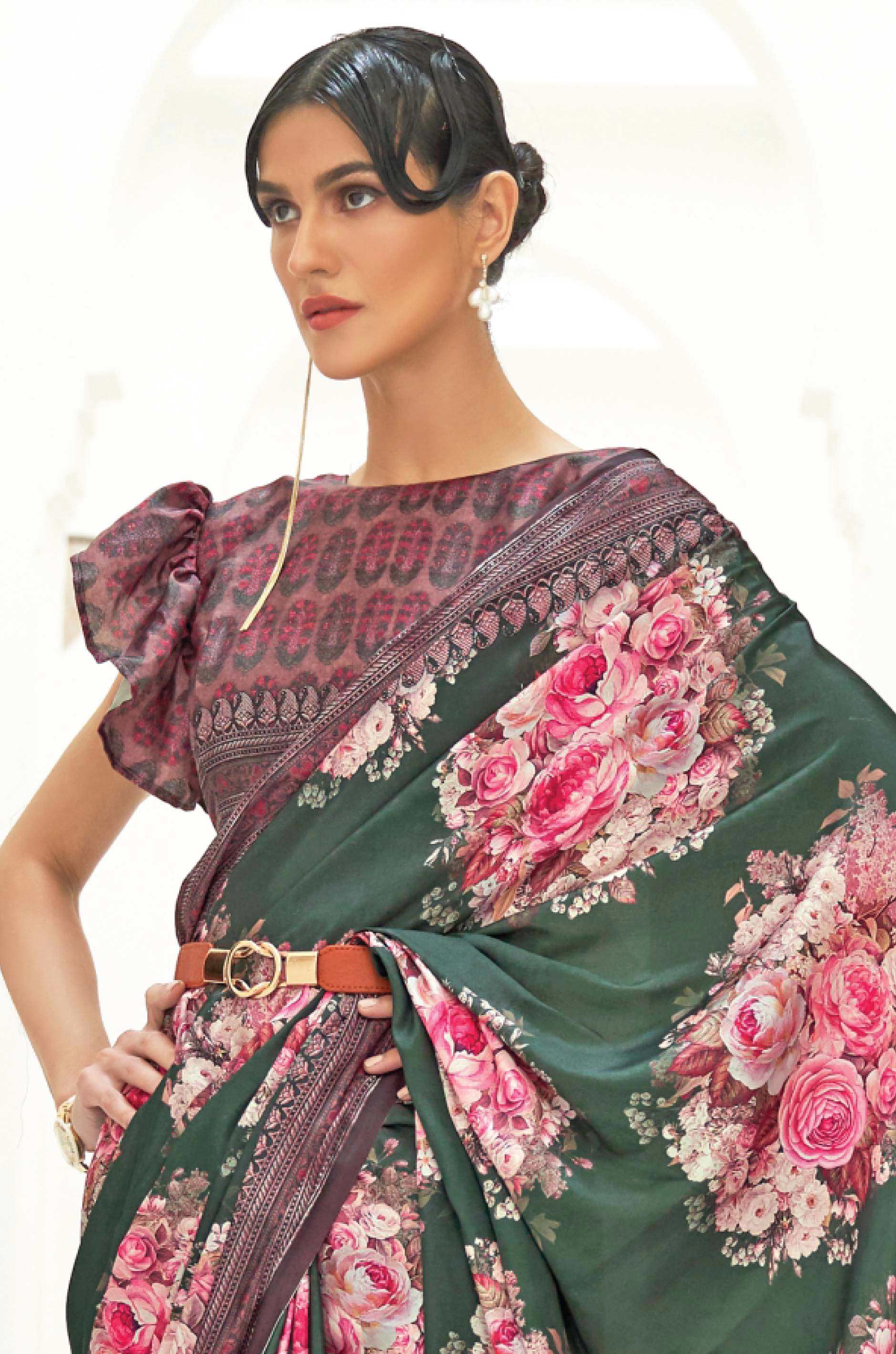 Green Multicolour Satin Crepe Saree - Image 4