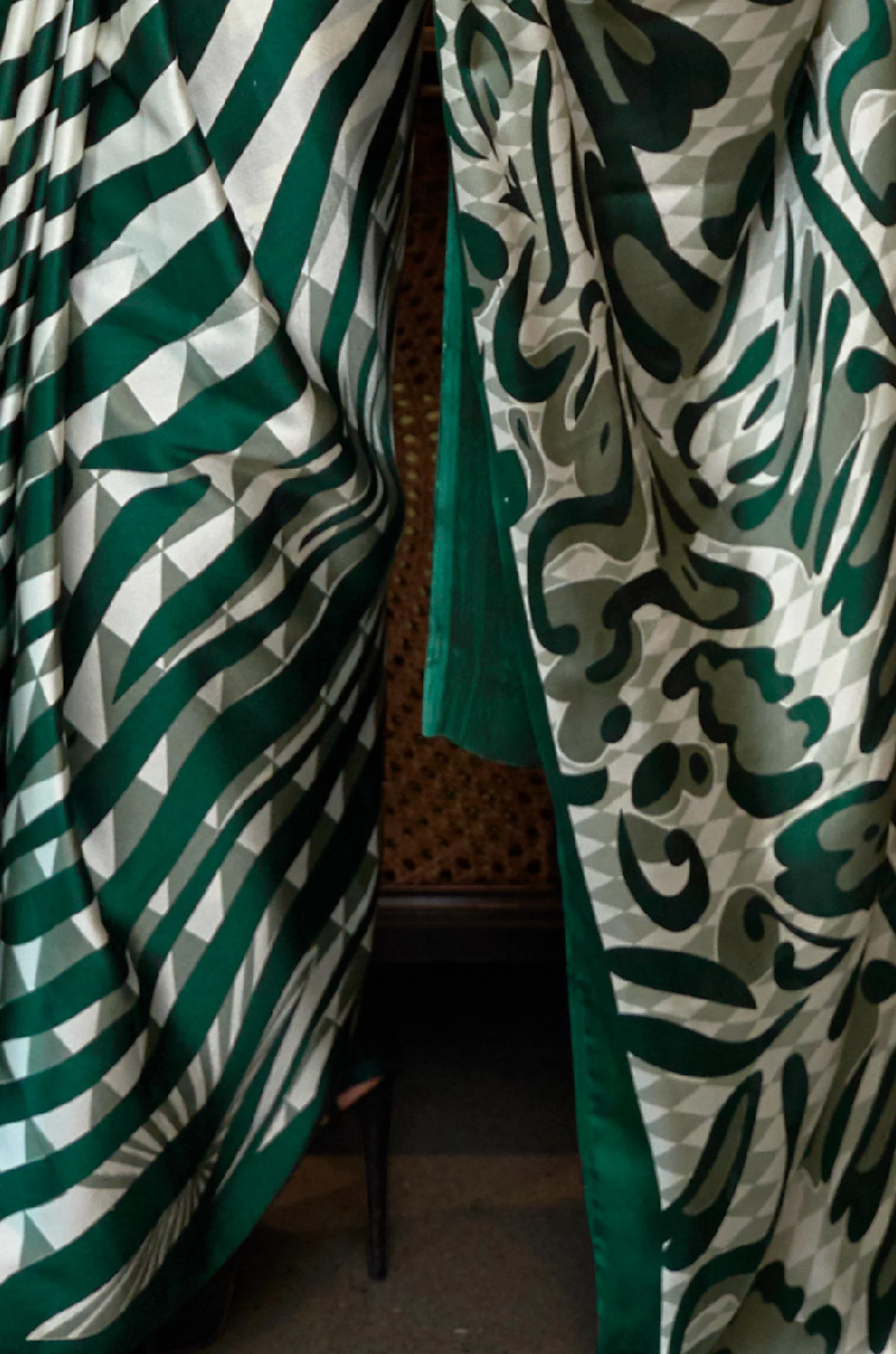 Green Satin Crepe Saree - Image 2