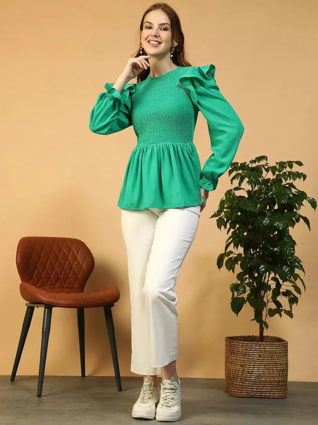 Green Smocked Peplum Top - Women's Long Sleeve Round Neck With Ruffle Detail - Image 2