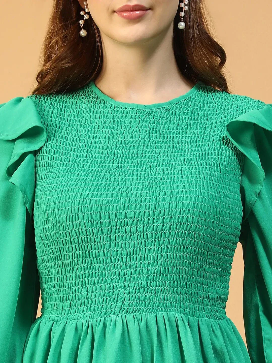 Green Smocked Peplum Top - Women's Long Sleeve Round Neck With Ruffle Detail - Image 6