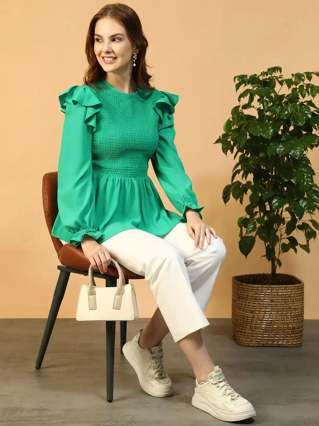 Green Smocked Peplum Top - Women's Long Sleeve Round Neck With Ruffle Detail - Image 7