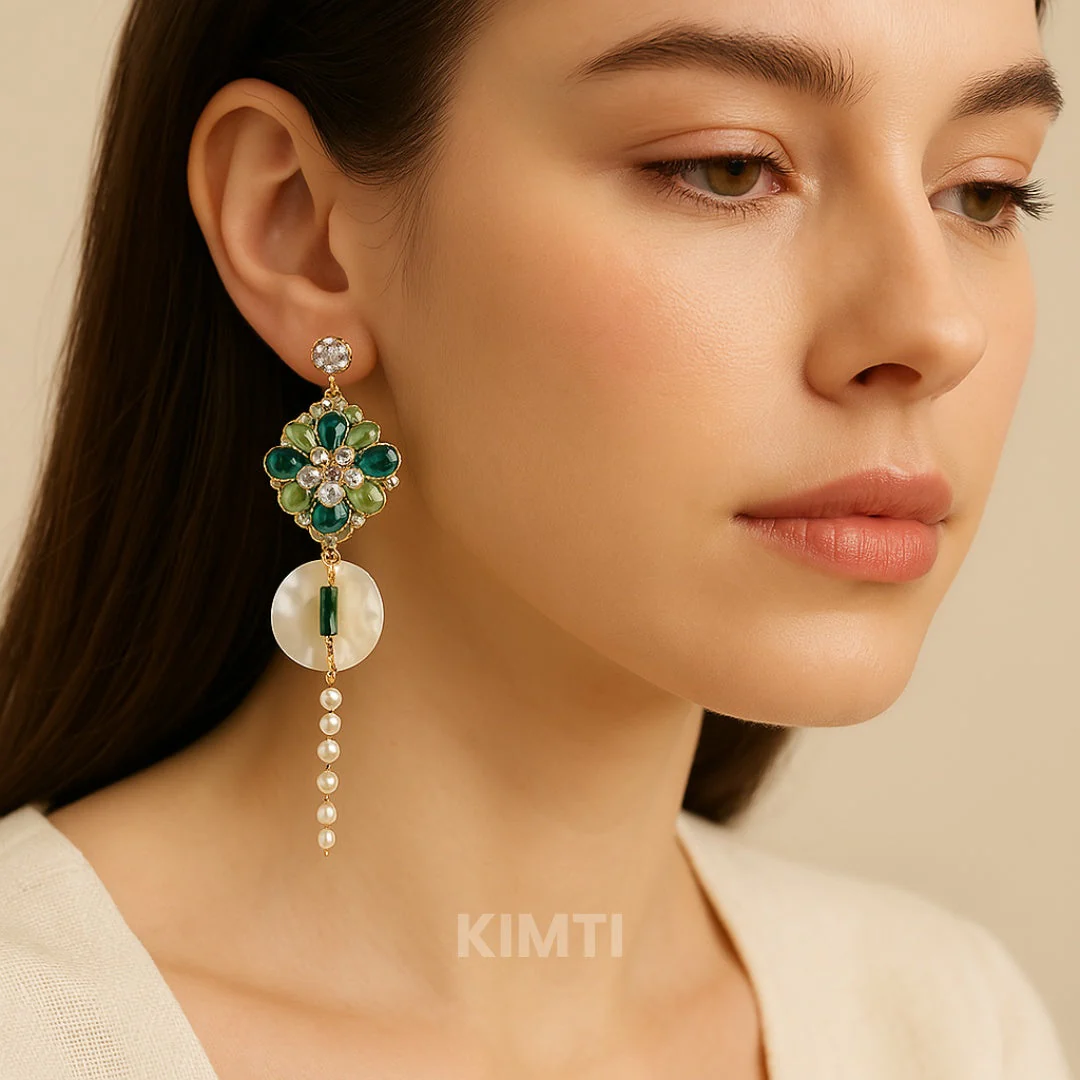 Green Stone Studded Turkish Dangler Earring - Image 3