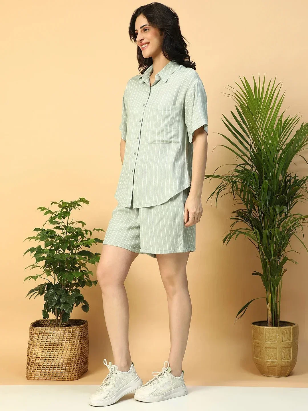 Green Stripe Print Collared Shirt With Elasticated Shorts Women Co-ord Set - Image 2