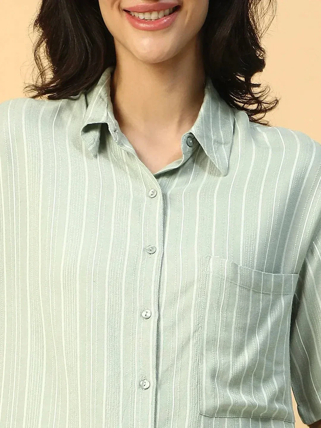 Green Stripe Print Collared Shirt With Elasticated Shorts Women Co-ord Set - Image 5