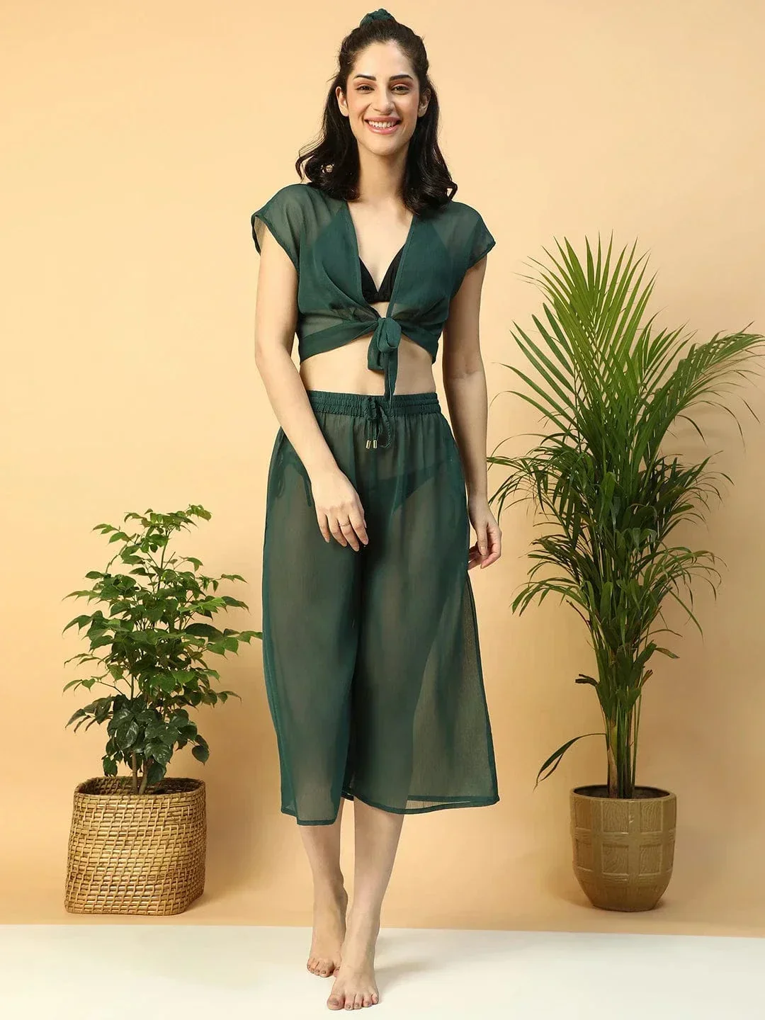 Green Tie-Knot Top With Elasticated Culottes Women Beachwear Co-Ord Set