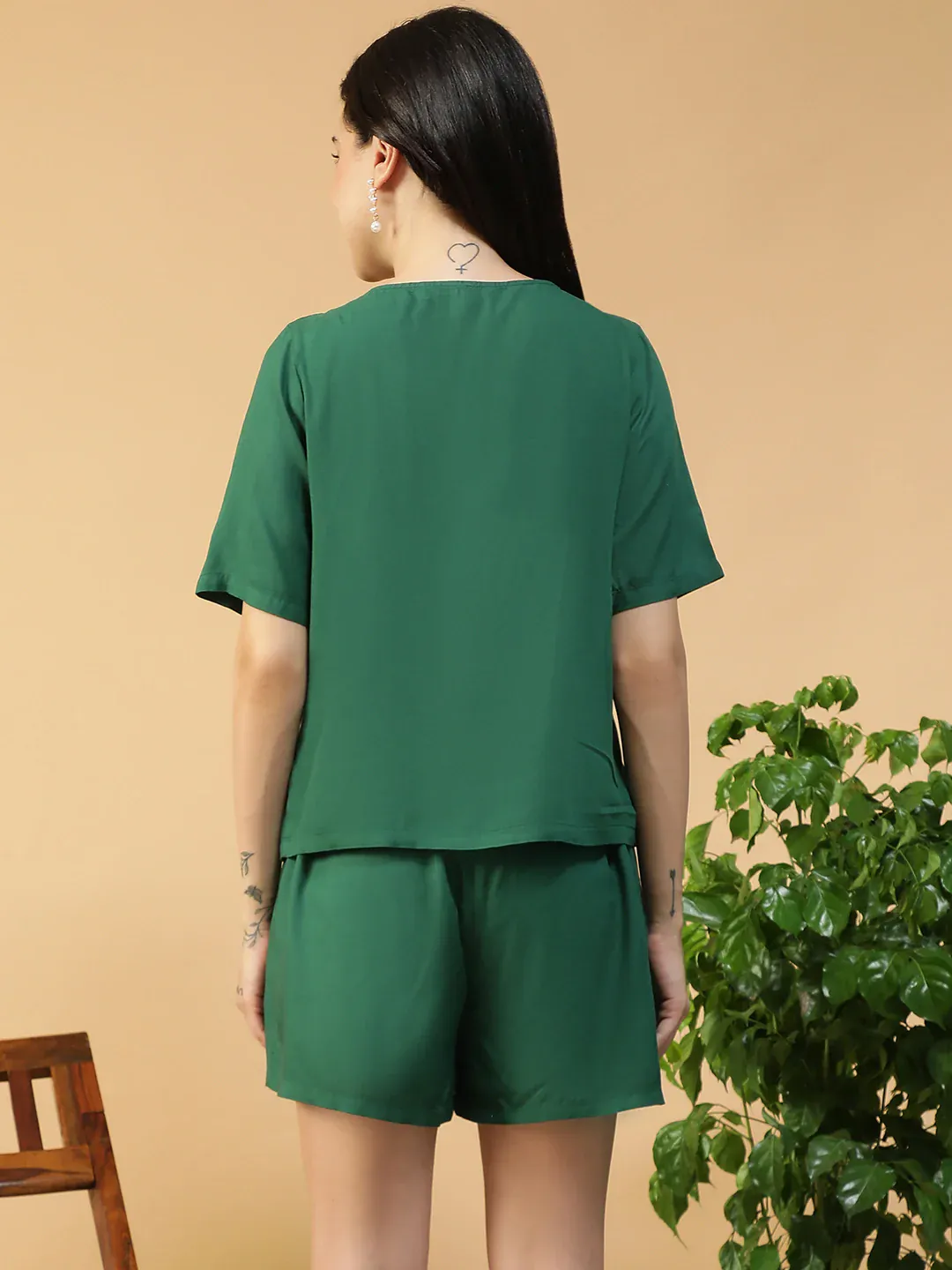Green V-Neck Top & Elastic Shorts | Women’s Co-ord Set - Image 6
