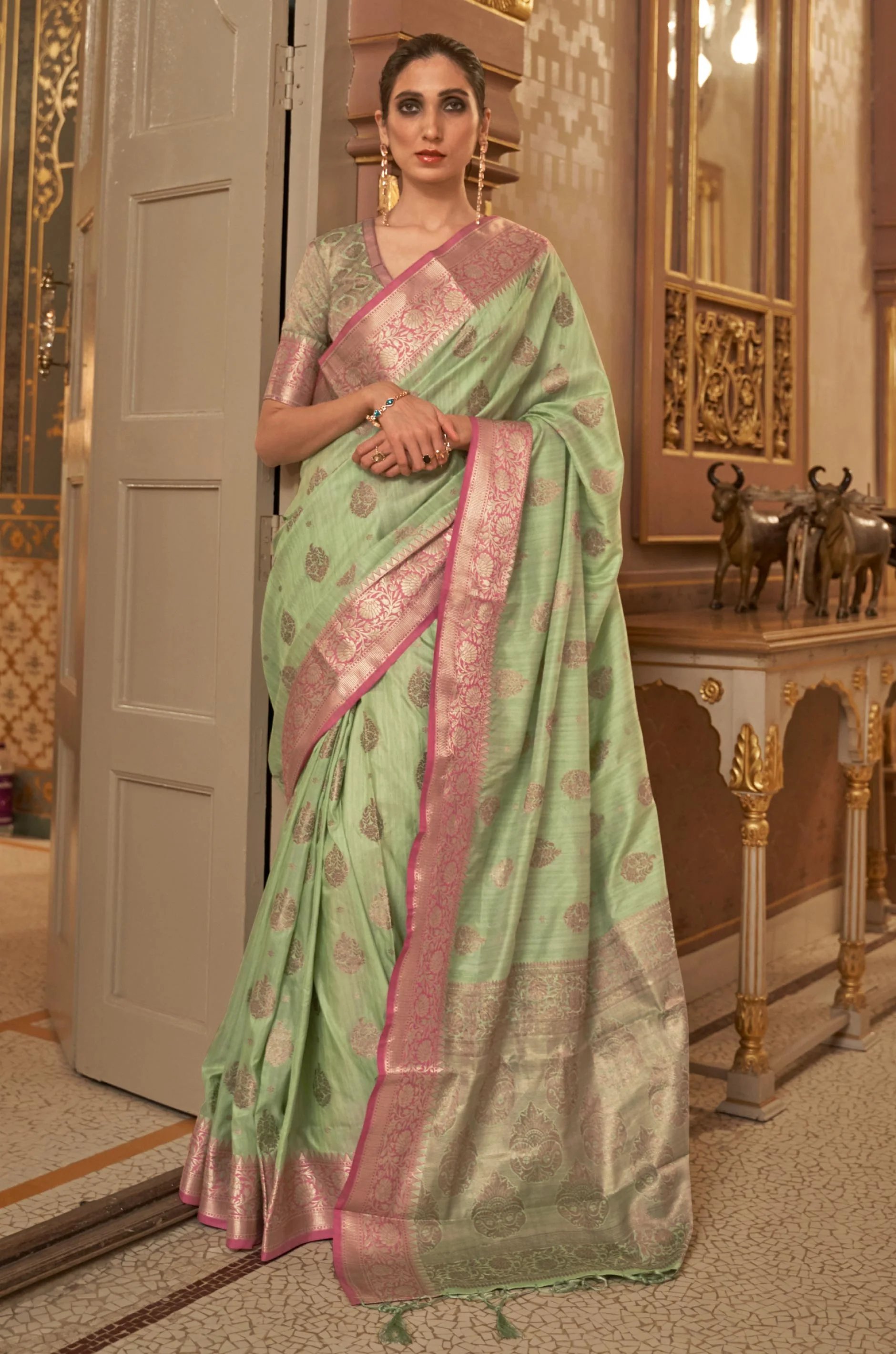 Green Woven Tussar Silk Saree