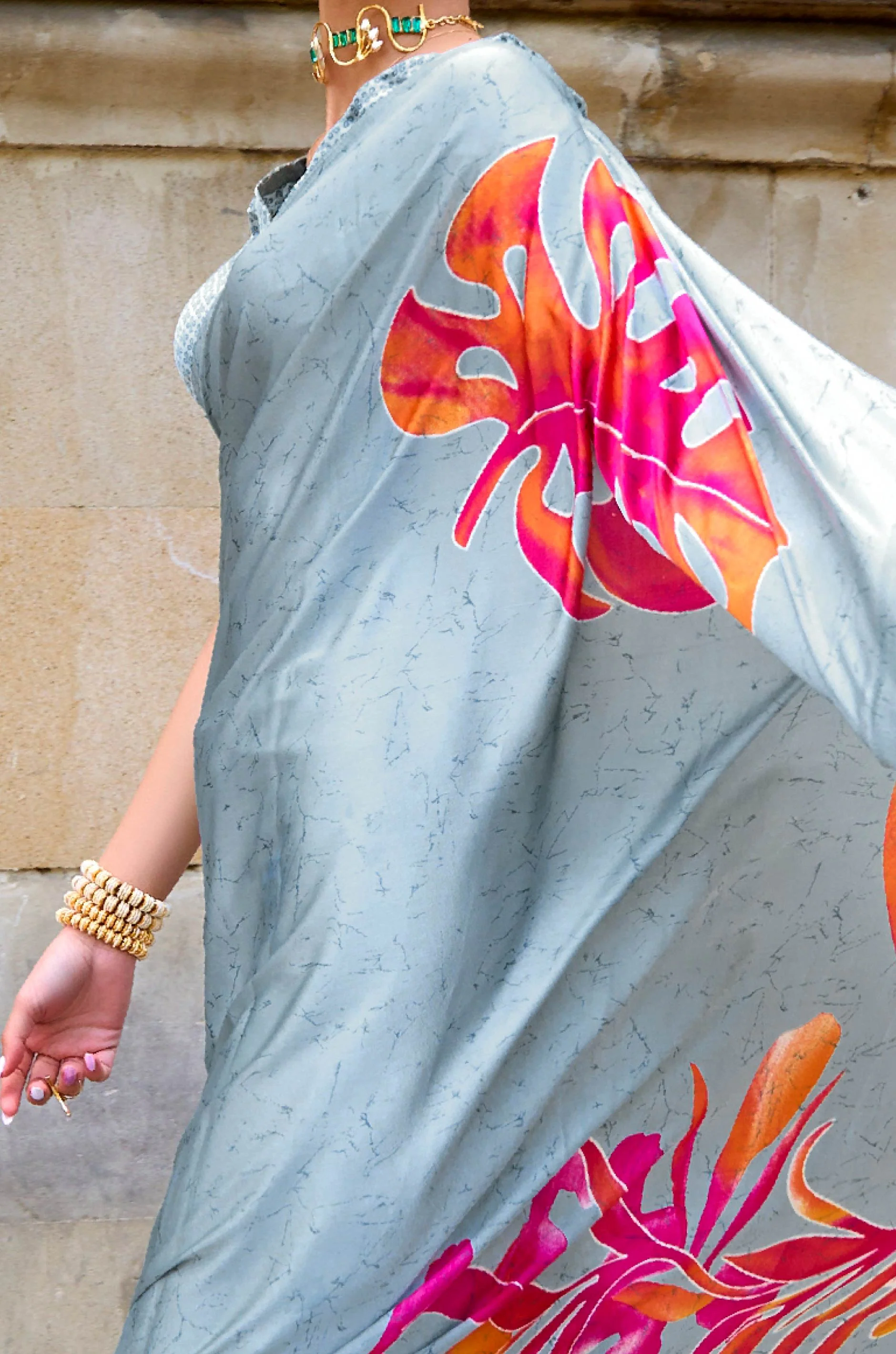 Grey Digital Print Satin Crepe Saree - Image 3