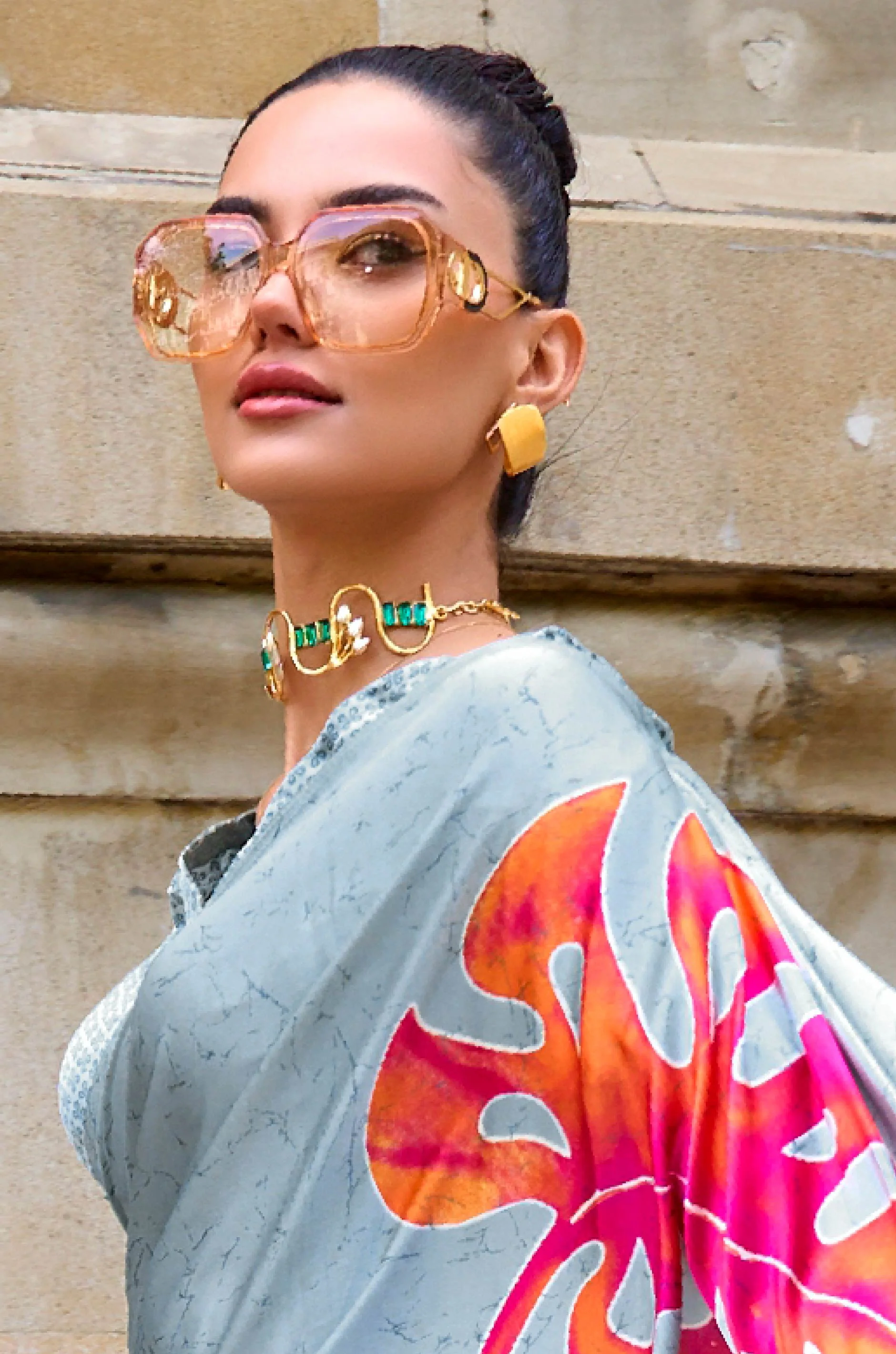 Grey Digital Print Satin Crepe Saree - Image 4