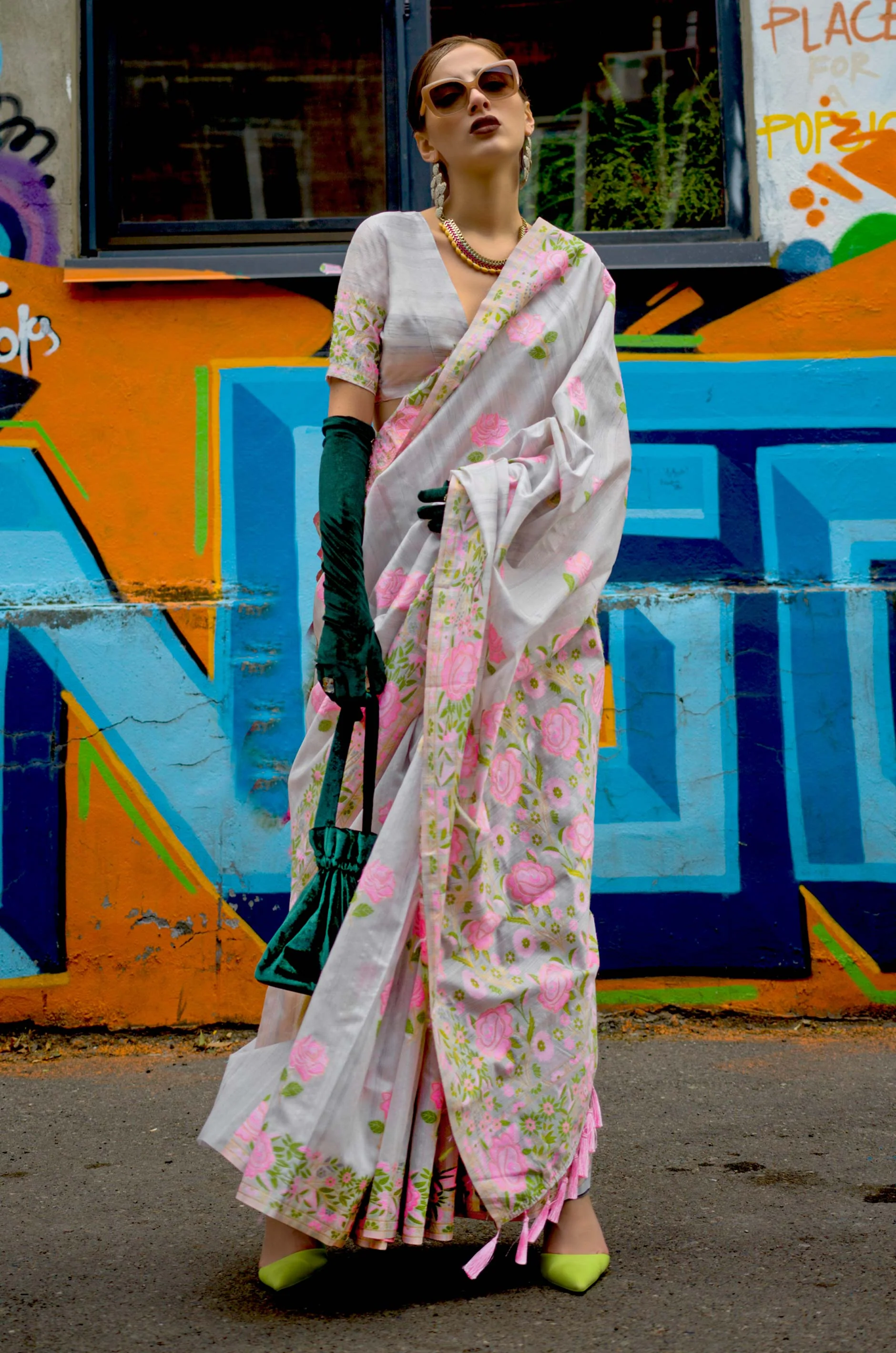 Grey Floral Parsi Woven Silk Saree