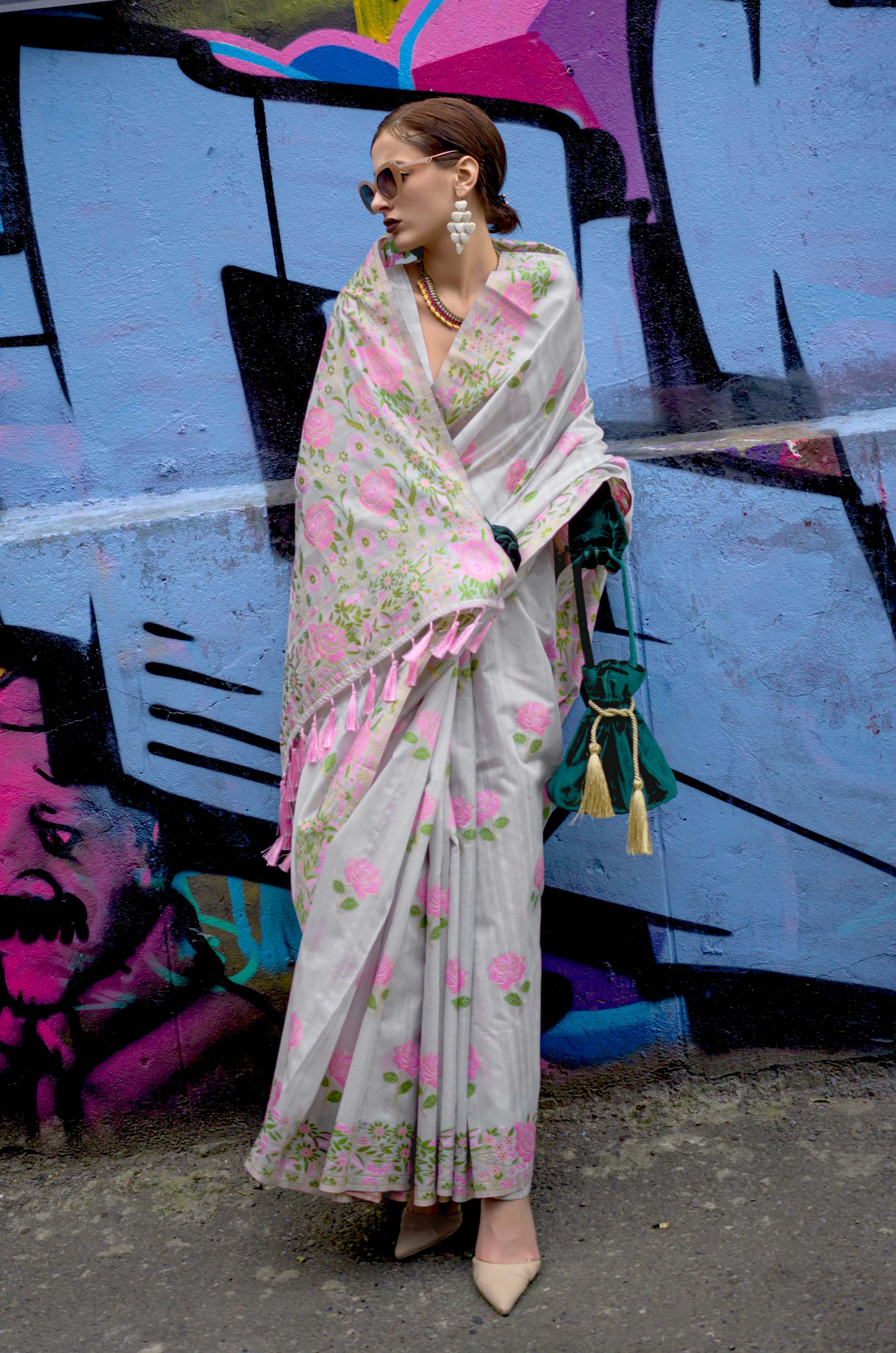 Grey Floral Parsi Woven Silk Saree - Image 2