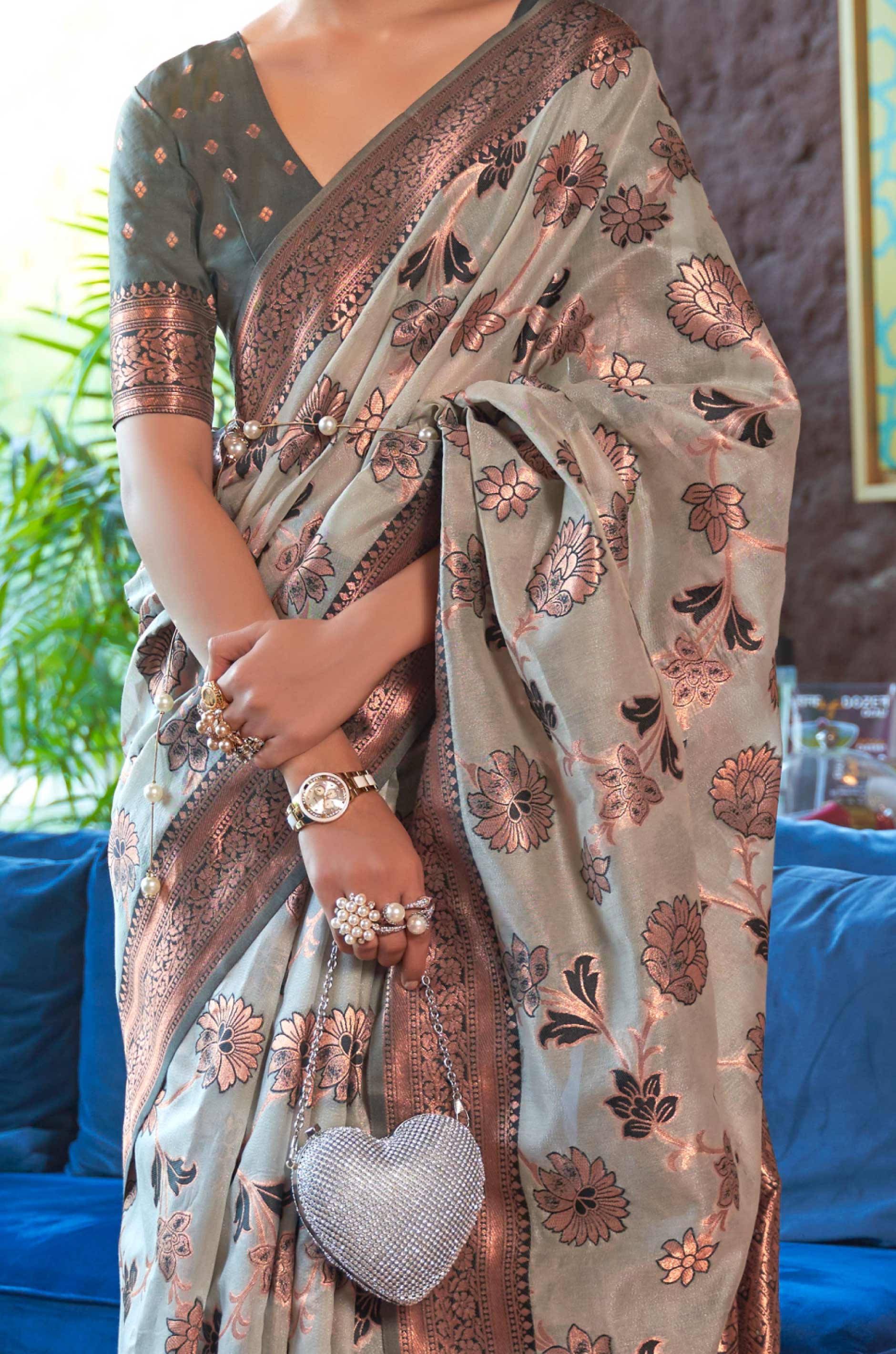 Grey Floral Woven Organza Silk Saree - Image 3