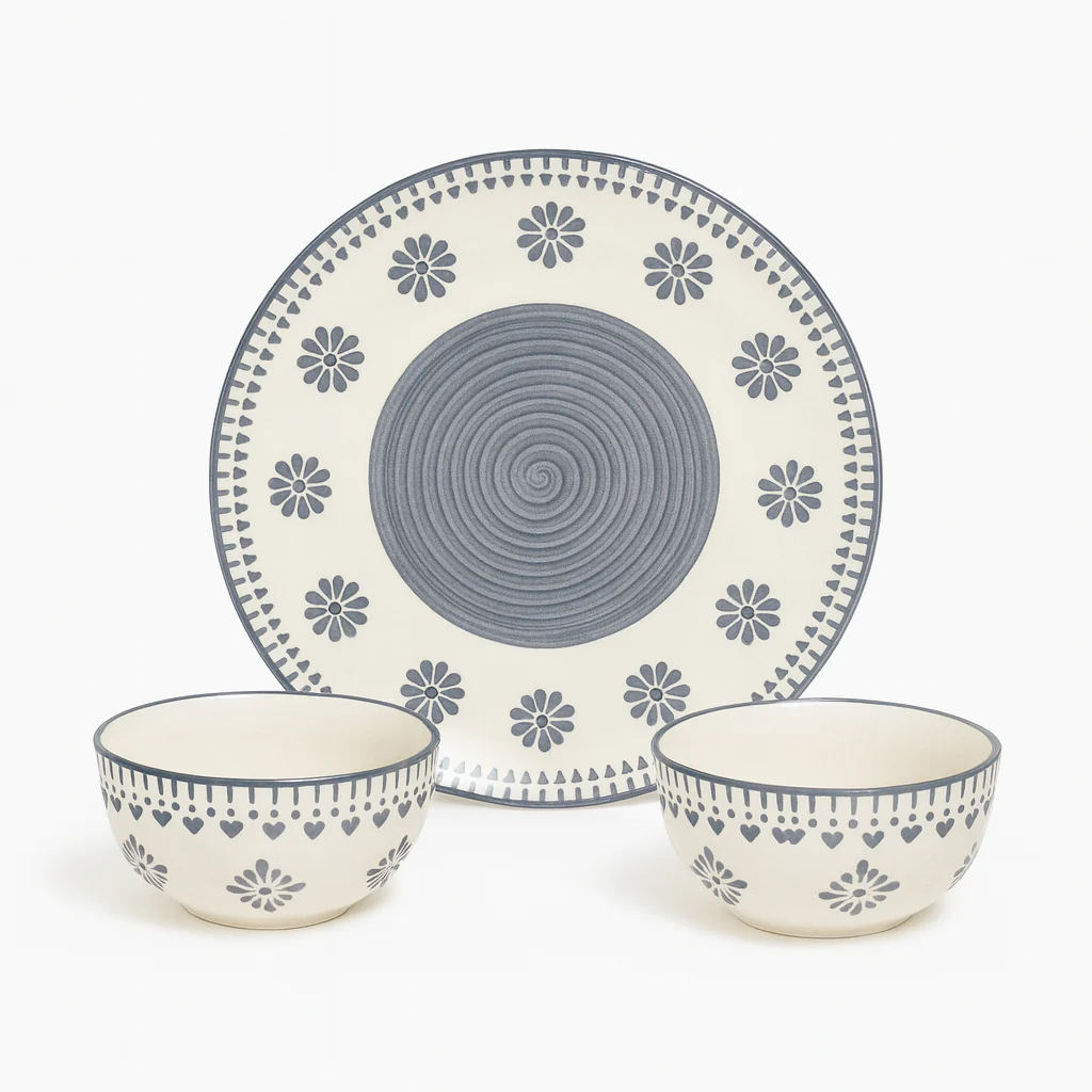 Grey Heart Ceramic Dinnerware Set | Handcrafted Dinner Plate with 2 Matching Bowls | Minimalist Premium Tableware - Image 4