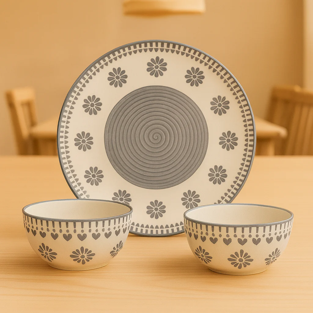 Grey Heart Ceramic Dinnerware Set | Handcrafted Dinner Plate with 2 Matching Bowls | Minimalist Premium Tableware - Image 7