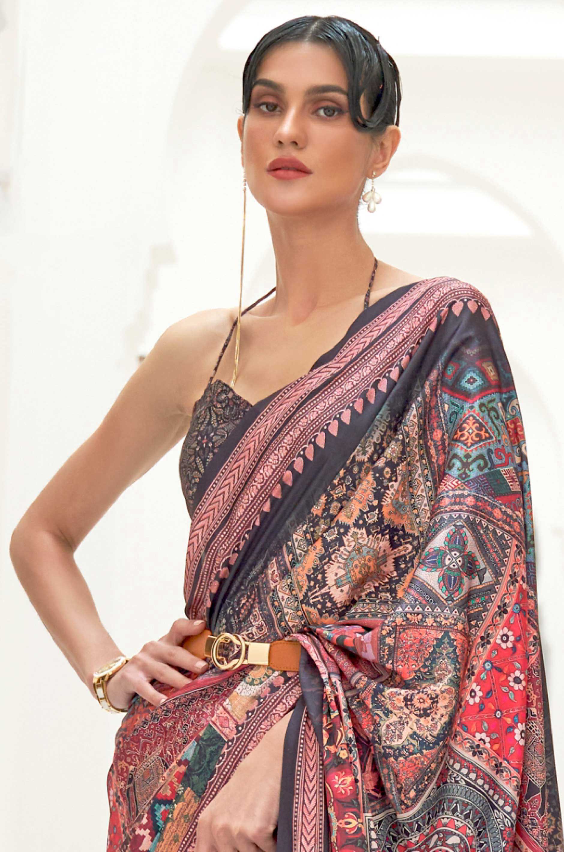 Grey Multicolour Satin Crepe Saree - Image 4
