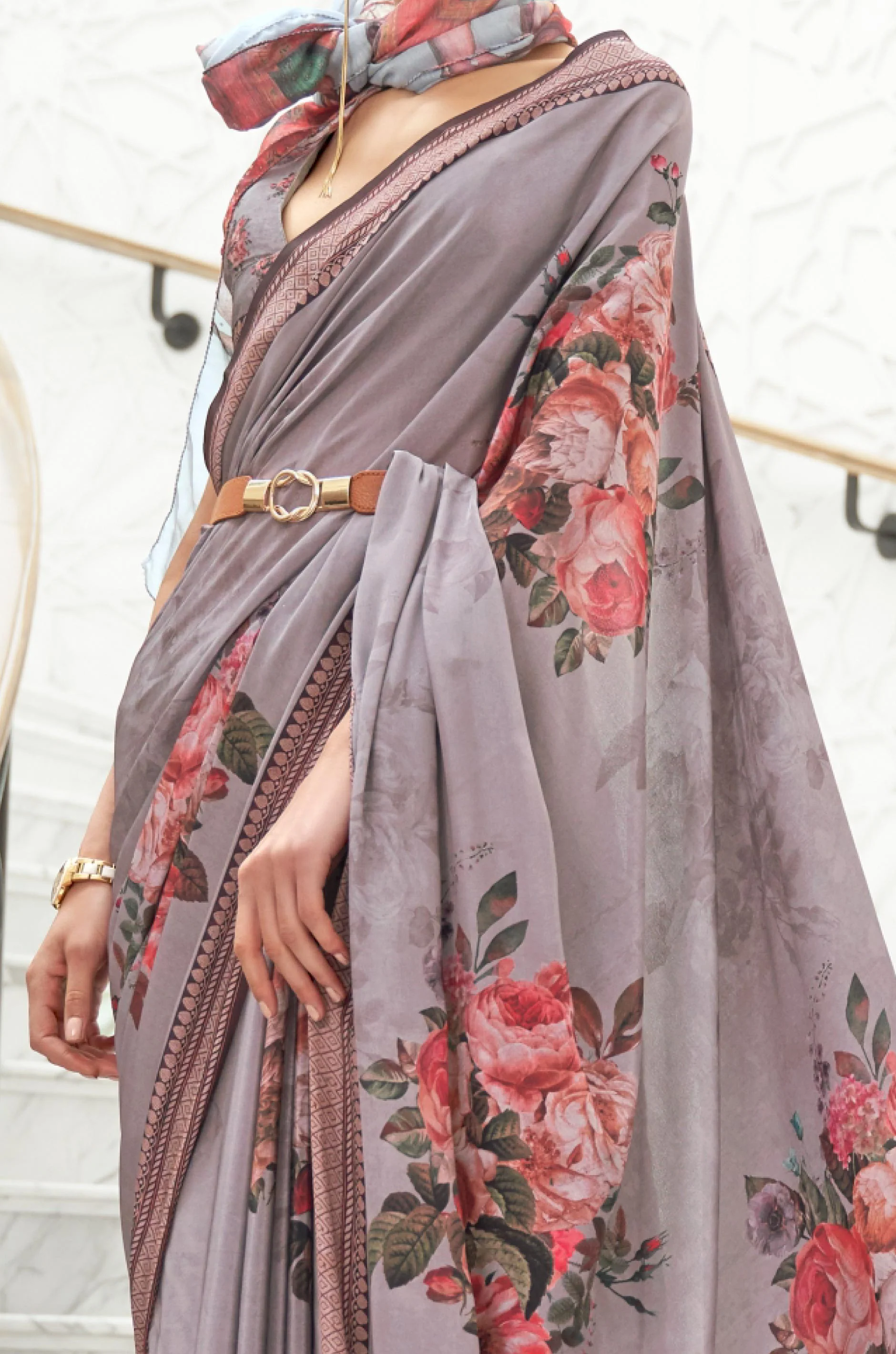 Grey Multicolour Satin Crepe Saree - Image 3