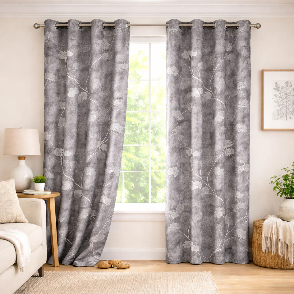 Grey Printed Curtains Set of 2 – Eyelet Window Curtains | Premium Polyester Fabric | Room Darkening & Elegant Floral Drapes | Living Room & Bedroom Curtains - Image 3