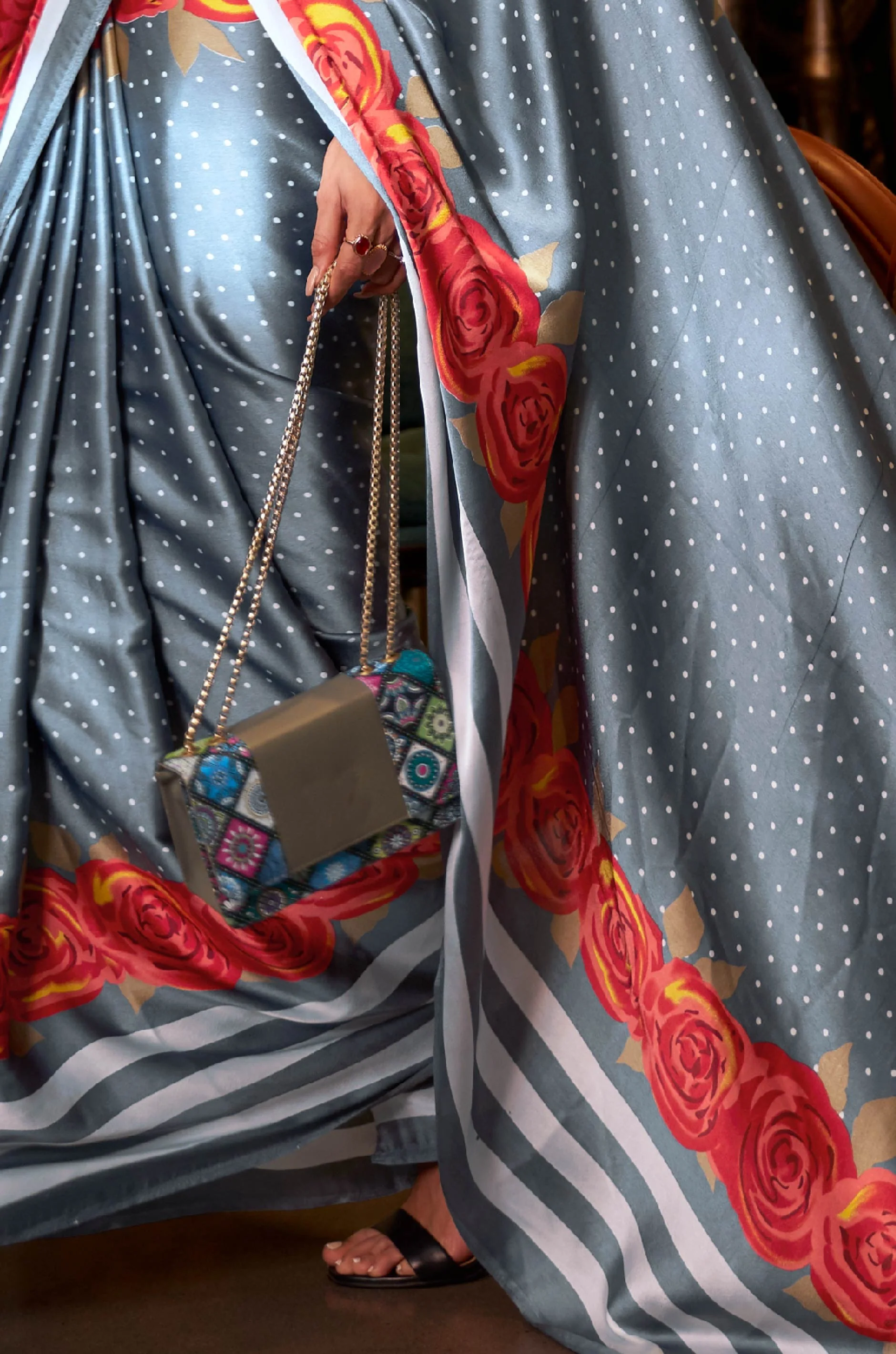 Grey Satin Crepe Saree - Image 2