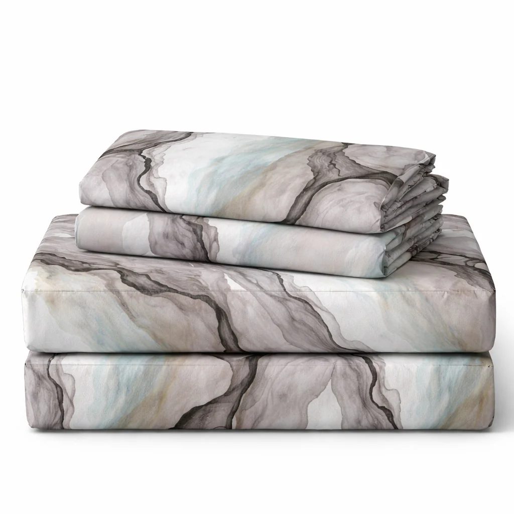Grey & Teal Marble Queen Size Bedsheet with 2 Pillow Covers | Soft Cotton Double Bed Sheet - Image 4