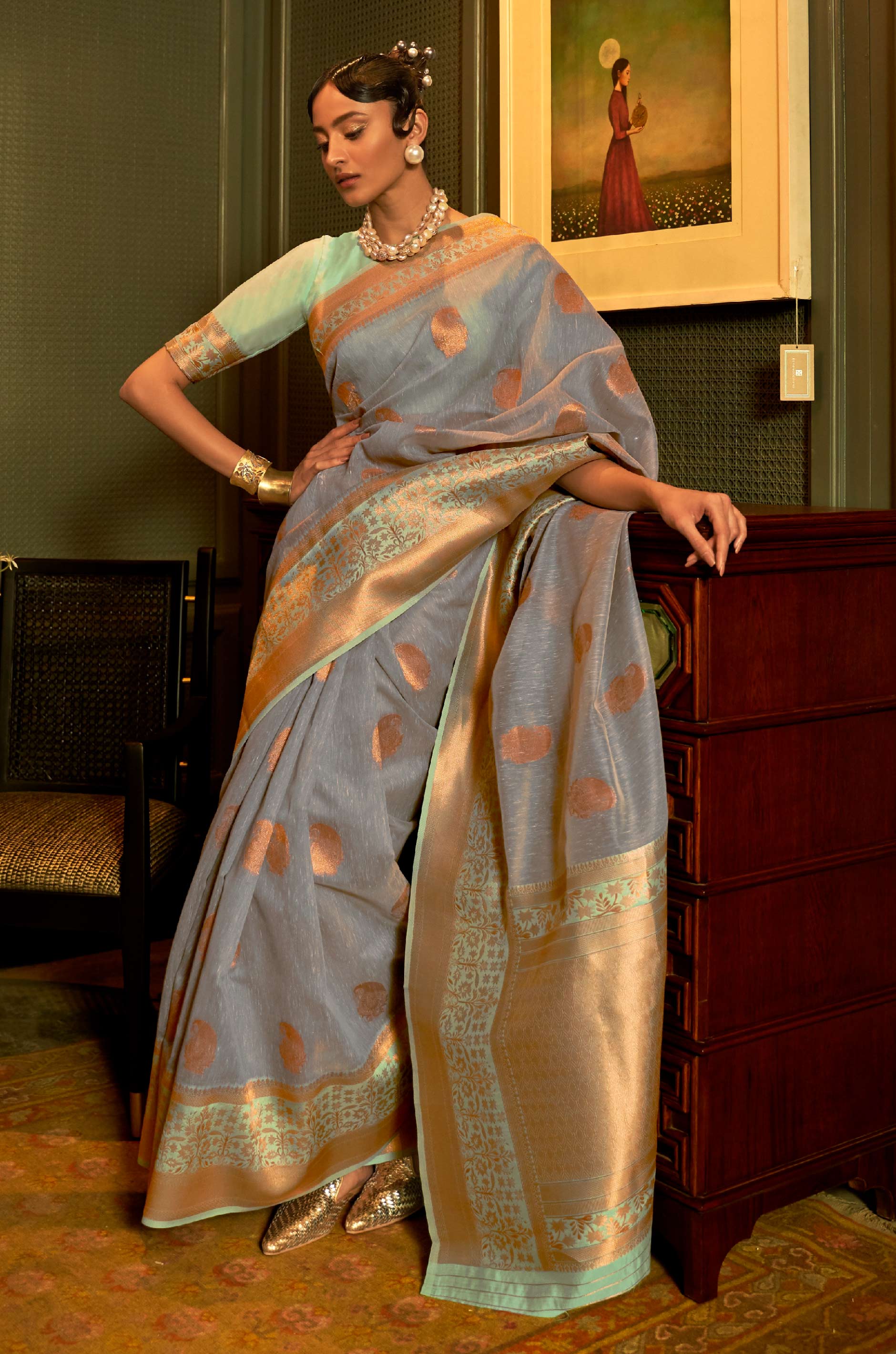 Grey Woven Linen Saree