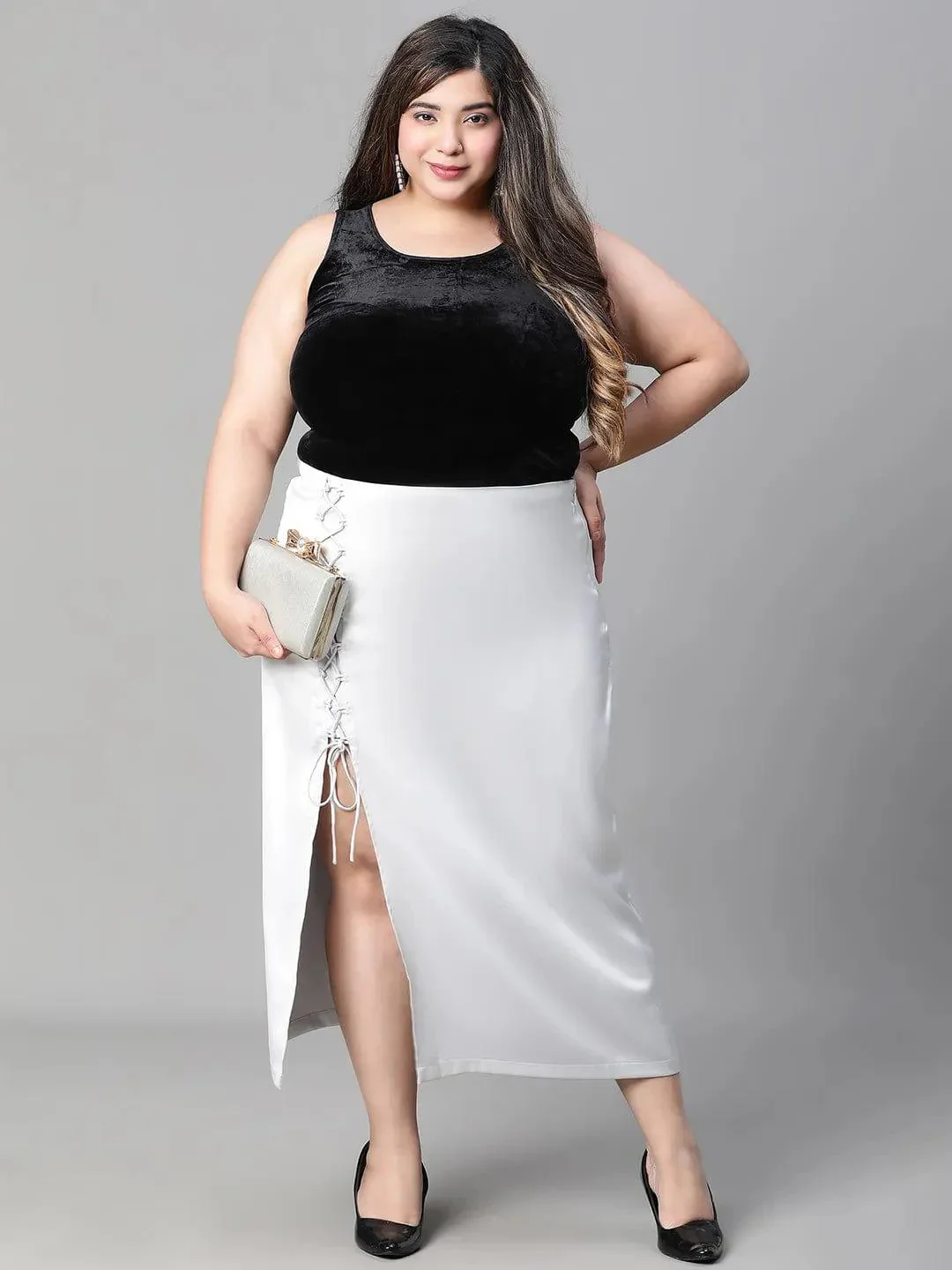 Grey Zig-Zag Detailed Slit Cut Satin Plus Size Skirt - Image 8