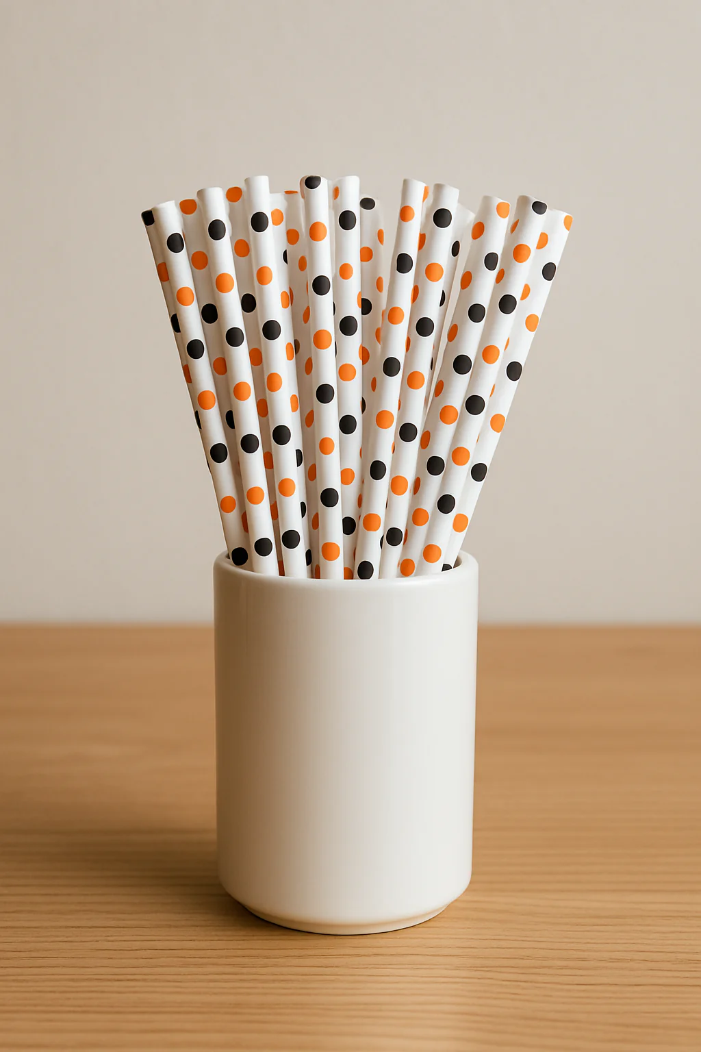Halloween Polka Dot Paper Straws – 50 Pcs – Orange & Black Dots on Cream Base - Image 3