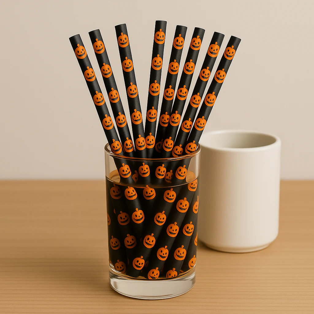 Halloween Pumpkin Paper Straws – 50 Pcs – Eco-Friendly Black & Orange Jack-o’-Lantern Straws - Image 2