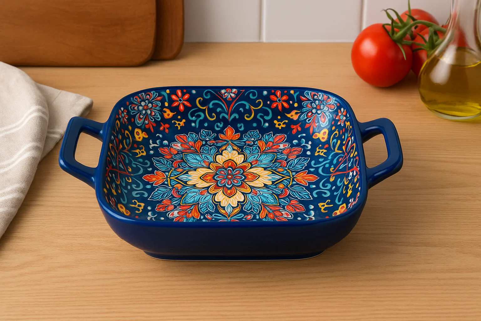 Hand-Painted Ceramic Serving Plate with Dual Handles – 18 x 18 x 5 cm | Mediterranean Floral Design | Multi-Purpose Bake & Serve Dish - Image 4