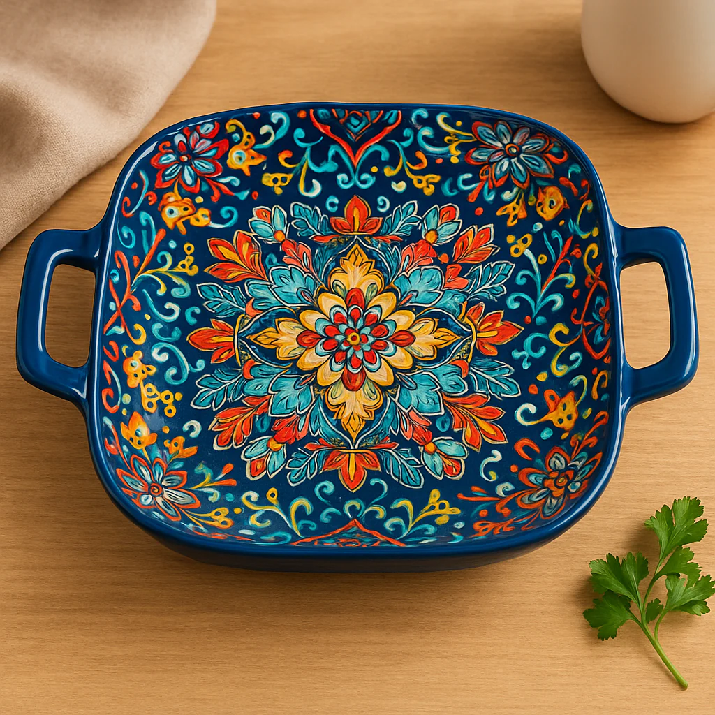 Hand-Painted Ceramic Serving Plate with Dual Handles – 18 x 18 x 5 cm | Mediterranean Floral Design | Multi-Purpose Bake & Serve Dish - Image 5
