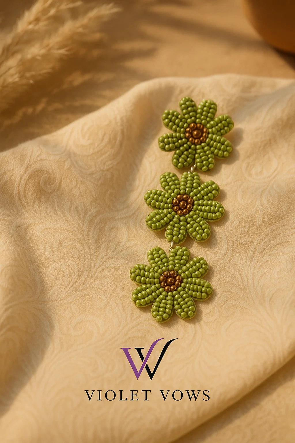 Handcrafted Beaded Flower Earrings - Vibrant Green - Image 3