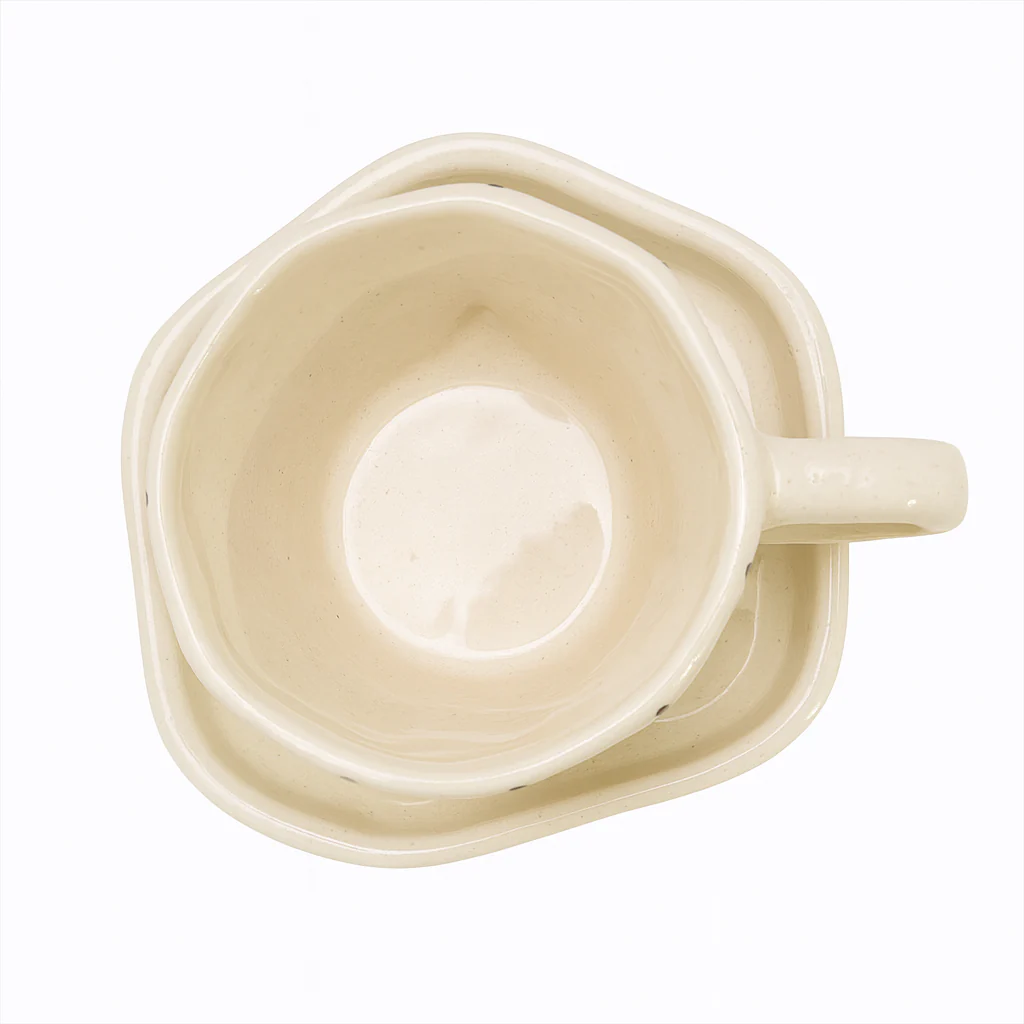 Handcrafted Grid & Heart Ceramic Cup & Saucer Set | Cream Coffee & Tea Mug for Gifting - Image 3
