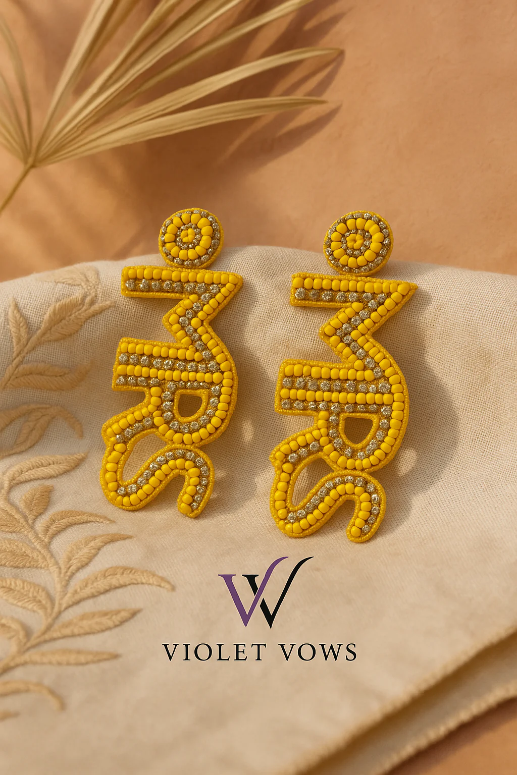 Handcrafted "MRS" Beaded Statement Earrings - Yellow - Image 2