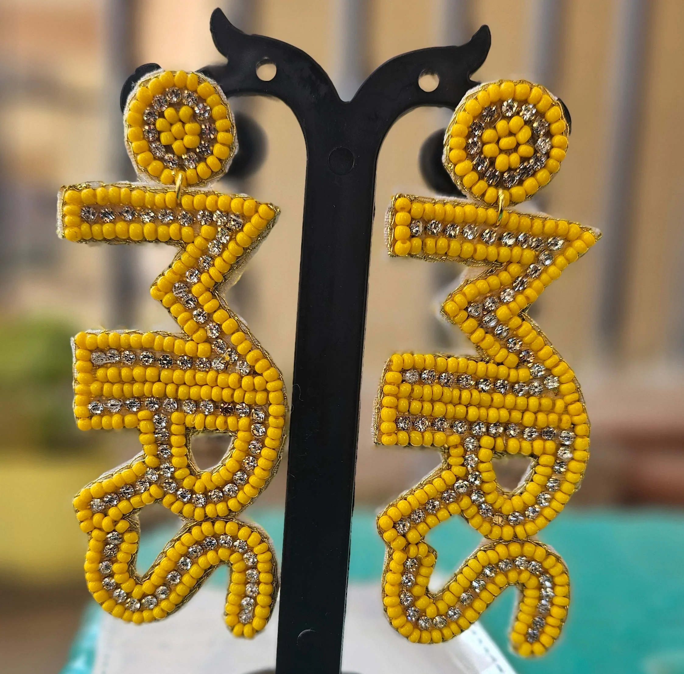 Handcrafted "MRS" Beaded Statement Earrings - Yellow - Image 3