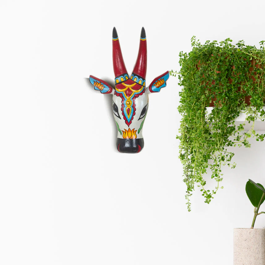 Handcrafted Wooden Nandi Bull Head Wall Decor (Yellow) - Image 3